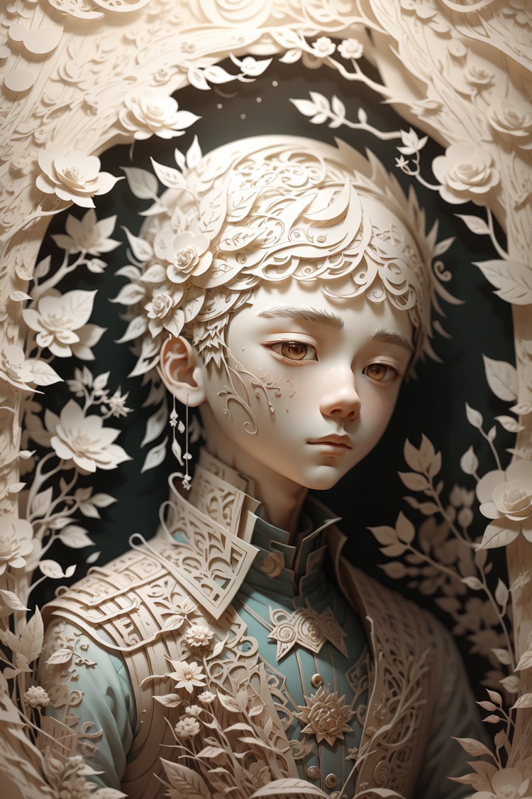 paper carving art,((1Boy)),fantasy - inspired art,digital art wonders,solo,<lora:Paper carving art纸雕艺术:1.2>,Clean background,暖色,温暖的光线,