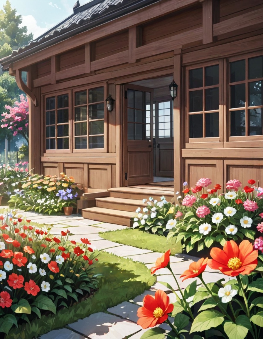 beautiful two story house made of wood with wide big windows, a black wooden door, beautiful flower garden, best quality, extemely detailed