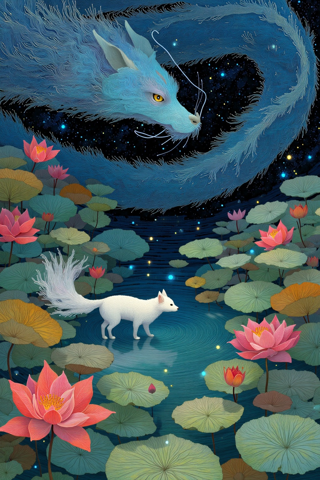 beijihui,A mythical Chinese dragon coiled above the lotus pond,lowering its majestic head to gaze upon a nine-tailed white fox,The extreme size contrast between the colossal dragon and the delicate fox,The fox standing on the rippling water surface,creating concentric waves,Environmental Setup:4 A moonlit pond filled with dense clusters of blooming lotuses 5. Ethereal mist weaving through the lotus leaves 6. Distant mountains barely visible through layered mist,Lighting and Atmosphere:7 Celestial glow with floating stardust particles 8. Bioluminescent lotus stamens emitting soft blue light 9. Reflective water surface mirroring celestial bodies,