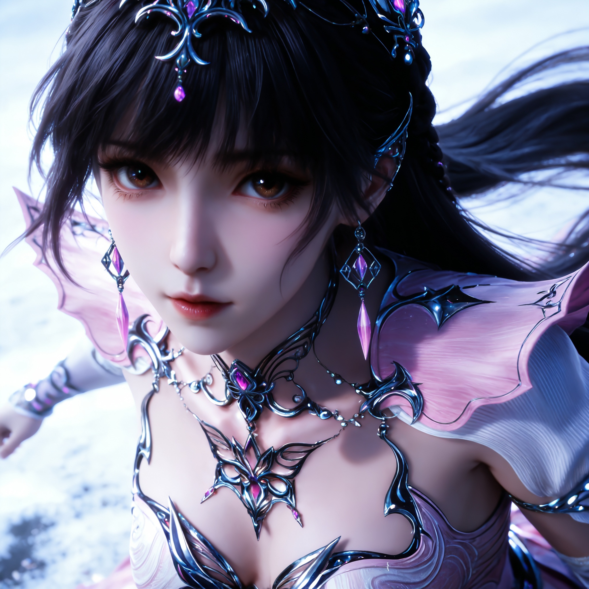 <lora:斗罗大陆-小舞IL-结婚版:0.8> 1girl, hair ornament, brown eyes, long hair, black hair,rabbit ears, earrings, braid, pink dress, , metal collar, thighhighs, high heels, realistic style photo,outstanding style,Use soft lighting to cast gentle shadows on the subject,adding a touch of dimension to your images without compromising details,whirls of vapor,(Anime:1.1),soft neon light,ethereal ambiance,delicate details,magical atmosphere,concept art,highly detailed,ultra-high resolution,32K UHD,sharp focus,best-quality,masterpiece,golden hour,unconventional supreme masterpiece,masterful details,temperate atmosphere,with a high-end texture,in the style of fashion photography,magazine style,Dynamic Angle,Dynamic posture,magazine style,Dynamic Angle,Dynamic posture,(cowboy_shot:1.2),eye trail,depth of field,cinematic lighting,lens flare,close-up,extreme aesthetic,(wlop:0.6),(honjou raita,lack,rella,wanke:0.5),masterpiece,best quality,good quality,newest,year 2025,very aesthetic,absurdres,Visual impact,A shot with tension,ultra-high resolution,32K UHD,sharp focus,best-quality,masterpiece,Emotionalization,unconventional supreme masterpiece,masterful details,temperate atmosphere,with a high-end texture,in the style of fashion photography,(Visual impact:1.2),giving the poster a dynamic and visually striking appearance,, realistic style,white background,upper body,looking at viewer,dynamic posture,