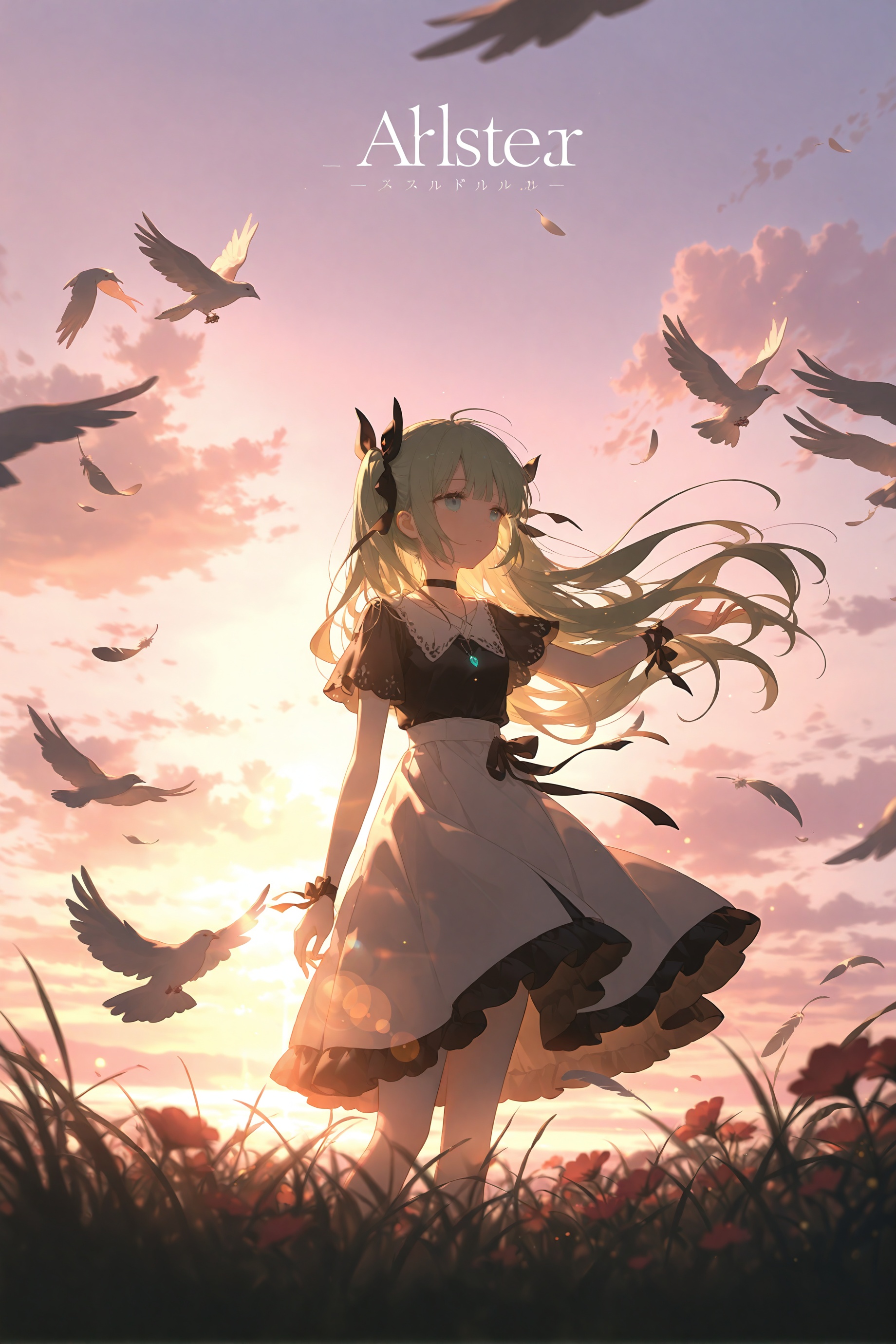 1girl, bird, solo, wrist ribbon, outdoors, sunset, long hair, black ribbon, feathers, ribbon, dress, short sleeves, cloud, tree, sky, floating hair, blonde hair, standing, sun, blue eyes, parted lips, dove, white dress, grass, very long hair, green hair, choker, arm up, white feathers, skirt, necklace, small breasts, green eyes, album cover, diffraction spikes, hair ribbon, collarbone, breasts, jewelry, shirt, high-waist skirt, black shirt, feet out of frame, falling feathers, ahoge, flock, wrist bow, wind, cover, cloudy sky, flower, twilight, blurry, animal, white skirt, blunt bangs, white bird, frills, sunlight, backlighting, lens flare, hand up, dusk, artist name, bow, sunrise, light particles, black bow, outstretched arm, evening, depth of field, closed mouth, copyright name, looking afar, water, horizon, aqua eyes, scenery, blurry foreground, pink sky, arm at side, hair ornament, outstretched hand, hair bow, expressionless, cover page