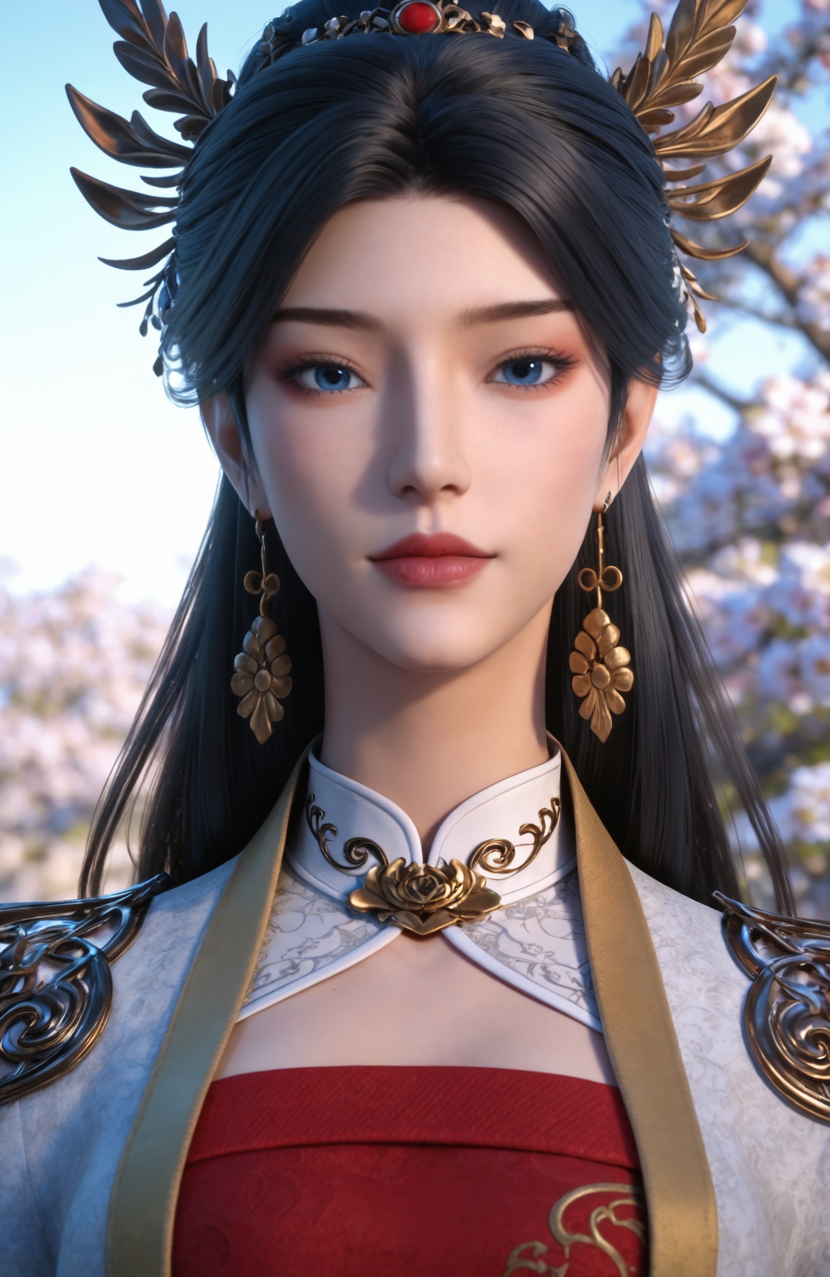 <lora:玄界之门-金珍Pony:0.7> 1girl, long hair, hair ornament, black hair, jewelry, earrings, blue eyes, chinese clothes, long sleeves, hair bun, red dress, wide sleeves, red footwear, realistic style photo,outstanding style,Use soft lighting to cast gentle shadows on the subject,adding a touch of dimension to your images without compromising details,whirls of vapor,(Anime:1.1),soft neon light,ethereal ambiance,delicate details,magical atmosphere,concept art,highly detailed,ultra-high resolution,32K UHD,sharp focus,best-quality,masterpiece,golden hour,unconventional supreme masterpiece,masterful details,temperate atmosphere,with a high-end texture,in the style of fashion photography,magazine style,Dynamic Angle,Dynamic posture,magazine style,Dynamic Angle,Dynamic posture,(cowboy_shot:1.2),eye trail,depth of field,cinematic lighting,lens flare,extreme aesthetic,(wlop:0.6),(honjou raita,lack,rella,wanke:0.5),masterpiece,best quality,good quality,newest,year 2025,very aesthetic,absurdres,Visual impact,A shot with tension,ultra-high resolution,32K UHD,sharp focus,best-quality,masterpiece,Emotionalization,unconventional supreme masterpiece,masterful details,temperate atmosphere,with a high-end texture,in the style of fashion photography,(Visual impact:1.2),giving the poster a dynamic and visually striking appearance,, realistic style,white background,upper body,looking at viewer,dynamic posture,