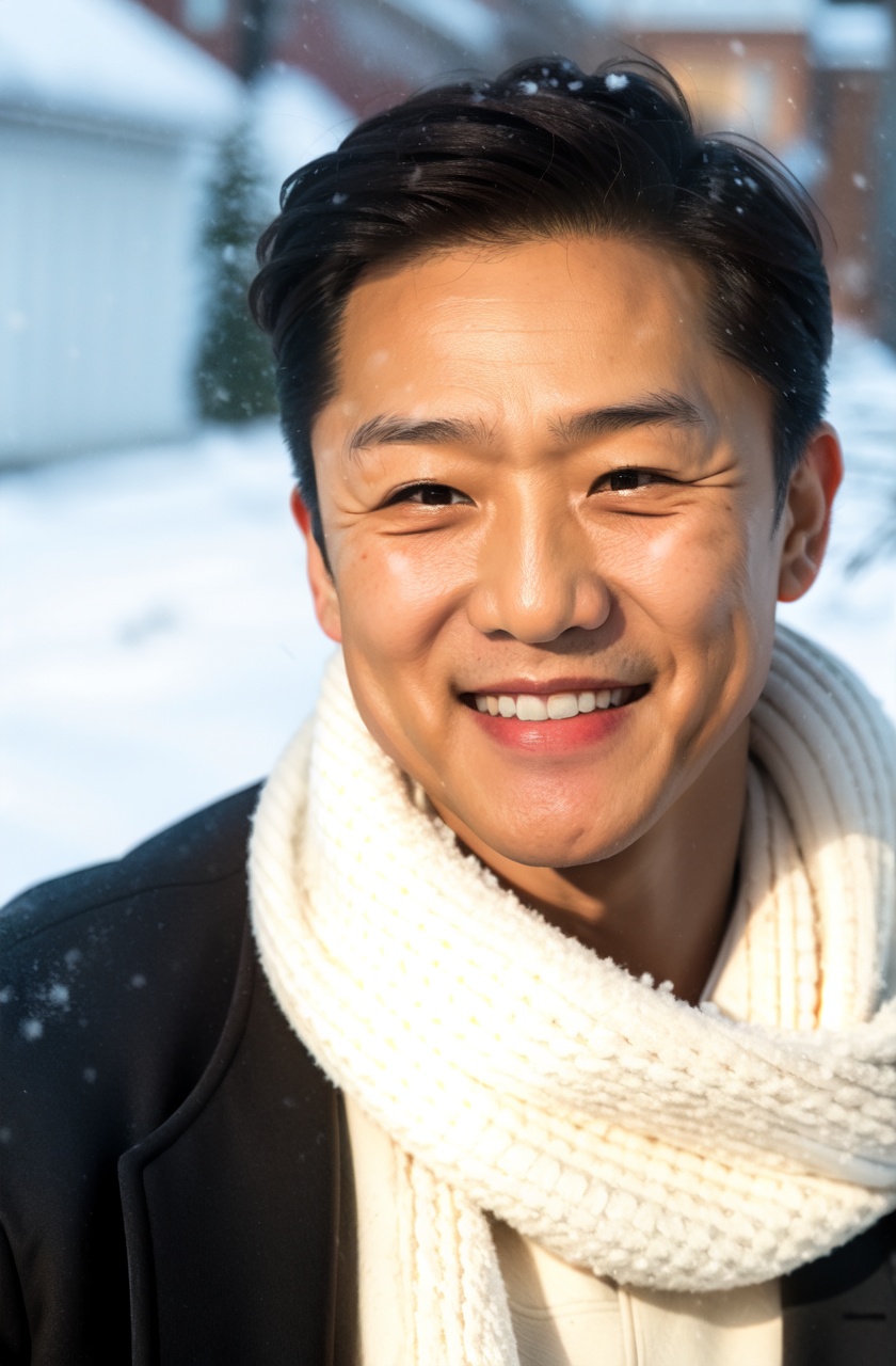 masterpiece,best quality,absurdres,1boy,looking at viewer,parted lips,black hair,upper body,scarf,blurry background,coat,brown eyes,snow,snowflakes,street,close-up,facing viewer,asian,smile,short hair,old man,