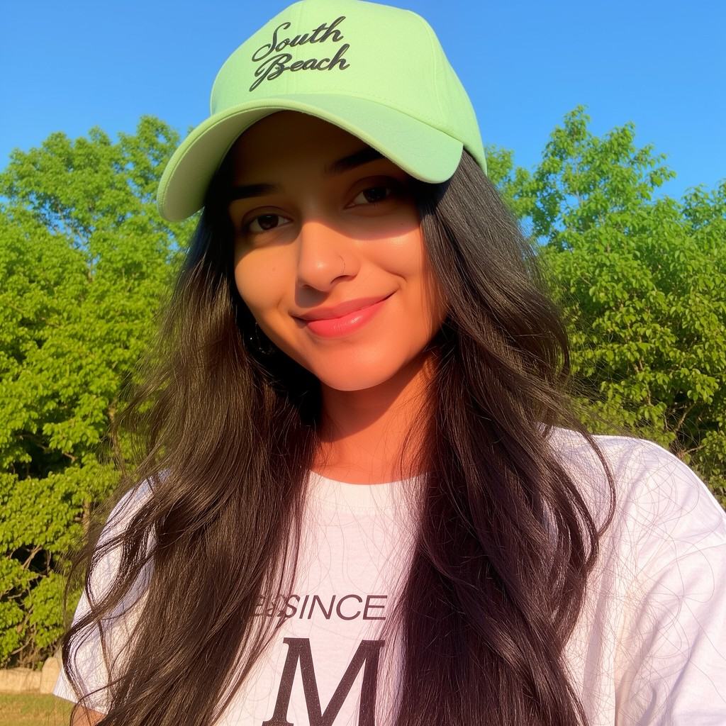 Captured at eye-level,  a medium-sized Indian_woman with long dark brown hair,  wearing a white t-shirt with the words "SI...