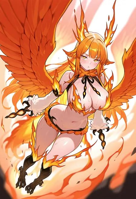 1girl, solo, 20yo, curvy,phoenixmge, monster girl,  harpy, orange hair, winged arms, see-through dress, large breasts, orange eyes, long hair, feathered wings, fire, navel, extra arms, phoenix, orange wings, large wings, black talons, white fur, fiery tail, orange tail, fiery wings, neck ruff, fiery clothing, white dress, bare shoulders, white sleeves, sleeves past fingers, black ribbons, detached sleeves, bird ears,blush, sweat, pout,full body, dynamic angle, dynamic pose,looking at viewer,   detailed background,  volumetric lighting,  dynamic shadows,masterpiece, best quality, amazing quality, absurdres, very aesthetic, vibrant, depth of field,<lora:StS-Illustrious-Detail-Slider-v1.0:3> <lora:illustrious_quality_modifiers_masterpieces_v1:0.5>   <lora:phoenixmge-000006:1>