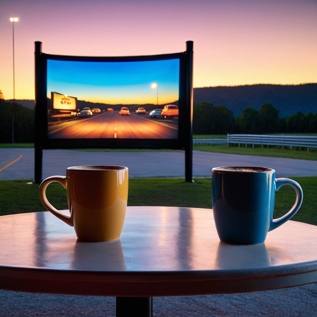 scenedrivemovie,  a ceramic coffee mug,  drive-in movie lot table on Tensor.Art