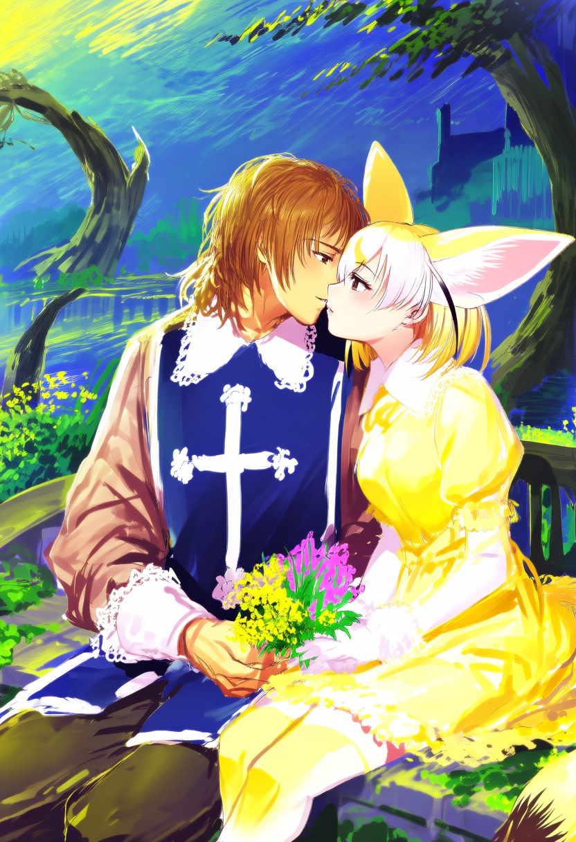 @cibo \(killy\). A romantic impressionist painting captures a musketeer and woman Fennec from Kemono Friends sharing an in...