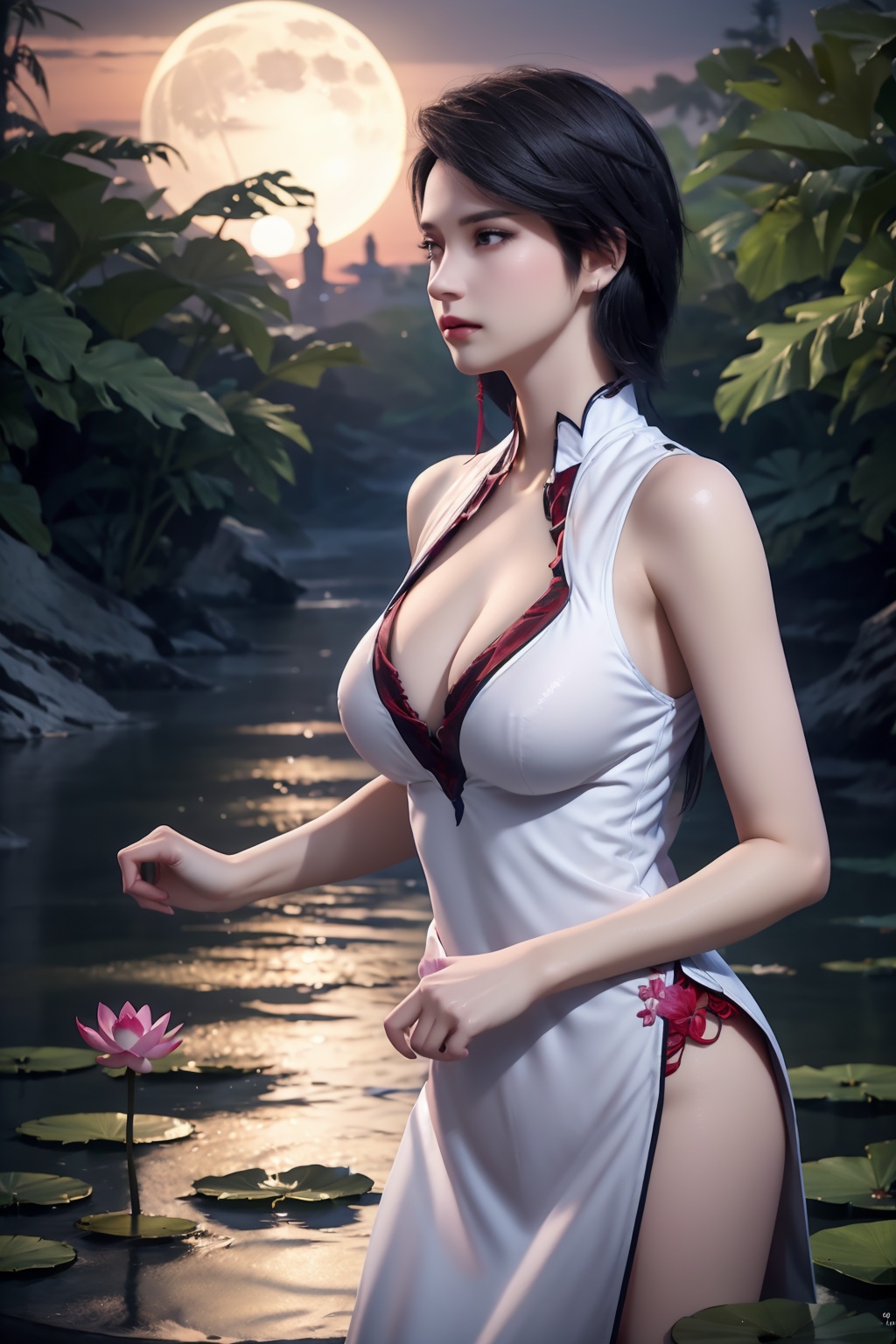 standing,dress,chinese clothes,flower,full_moon,moon,night,lily_pad,lotus,moonlight,nipples,water,night_sky,lily_\(flower\),sky,partially_submerged,1girl,solo,hair ornament,realistic,nail polish,photo_\(medium\),(big breasts, cleavage),makeup,(8k, RAW photo, best quality, masterpiece:1.2),(realistic, photorealistic:1.3),ultra-detailed,extremely detailed cg 8k wallpaper,(crystalstexture skin:1.2),extremely delicate and beautiful,(sexy pose:1.2),chinese dress,short hair