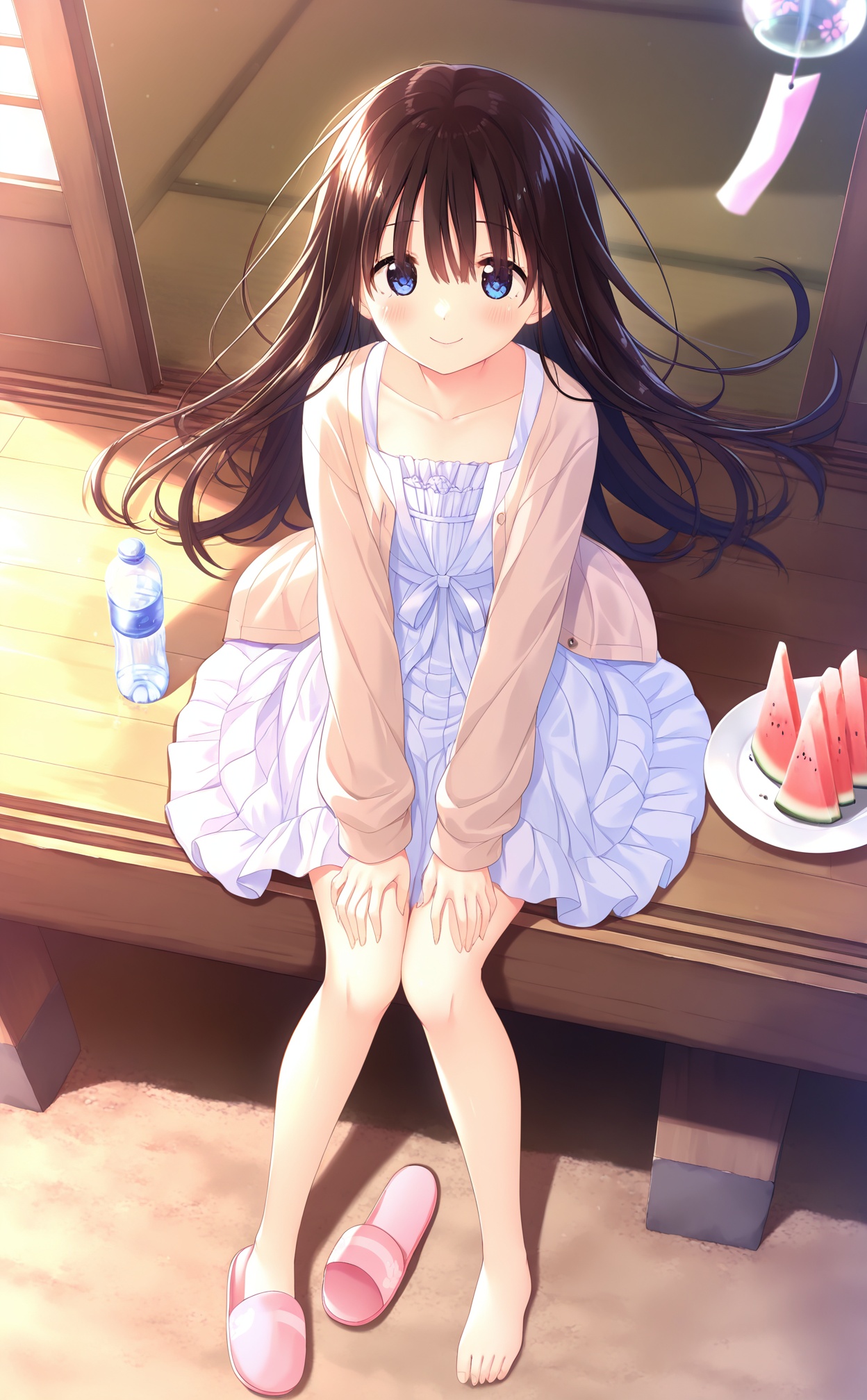 masterpiece,very aware,highres,absurdres,newest,best quality,high quality,loli,petite,chromatic_aberration,//,1girl,wind_chime,long_hair,dress,blue_eyes,solo,sitting,white_dress,barefoot,from_above,smile,collarbone,bottle,brown_hair,watermelon,food,looking_at_viewer,veranda,water_bottle,closed_mouth,looking_up,hands_on_own_knees,fruit,cardigan,sundress,plate,long_sleeves,slippers,wooden_floor,blurry,pink_footwear,very_long_hair,open_clothes,frilled_dress,frills,tatami,outdoors,blush,sandals,floating_hair,hands_on_lap,hair_between_eyes,day,sleeveless_dress,porch,open_cardigan,unworn_sandals,sliding_doors,depth_of_field,No shoes on,//,<lora:kz——【noob】hans-000002:0.8>,
