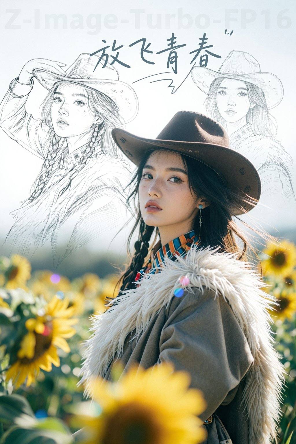 藏式配饰妆造,戴着牛仔帽,藏式羊皮袄服装,精细的活动素描手稿,线稿为主,钢笔素描,水彩上色,港漫风格,纯线条感的表现,局部有点阴影色调,线条的描绘出精准的造型,大面积留白,震撼的视觉效果,绝对的大师手稿,, 191,摄影写真慢门摄影王家卫电影感抽帧摄影延时摄影女生人像摄影摄影大师作品 港风摄影光线虚化模糊形成模糊的拖影慢快门柔焦摄影,阳光照耀下来,一位超级美丽的女模特,穿着时尚,站在向日葵花丛中,动态姿势,阳光透过镜头在前景中创造出一种散景效果,有五颜六色的光点,图像具有柔和,空灵的质感,有一种轻盈,近乎梦幻的氛围,重点放在她的脸和上半身上,突出了她的青春美和宁静的气质,整体风格精致浪漫,图像上方有手写的纤细风格“放飞青春”中文字,加以符号流畅装饰,,以上面描述生成一张电影级照片，极致通透美学，强视觉冲击力，压迫力，故事感，高分辨率还原细腻肌理，柔焦光影勾勒皮肤通透感，胶片颗粒叠加暖调光晕，线条流畅利落，兼具写实质感与艺术朦胧美。冷调高对比强化视觉张力，金属光泽般锐化细节，微颗粒质感增添高级感，光影层次分明，凸显画面精致冷冽的艺术氛围。超高清刻画发丝与皮肤纹理，低饱和色调搭配柔光晕染，轻微过曝提亮主体，构图简洁大气，传递细腻温润的艺术质感。背景顶部写着半透明色“Z-Image-Turbo-FP16”