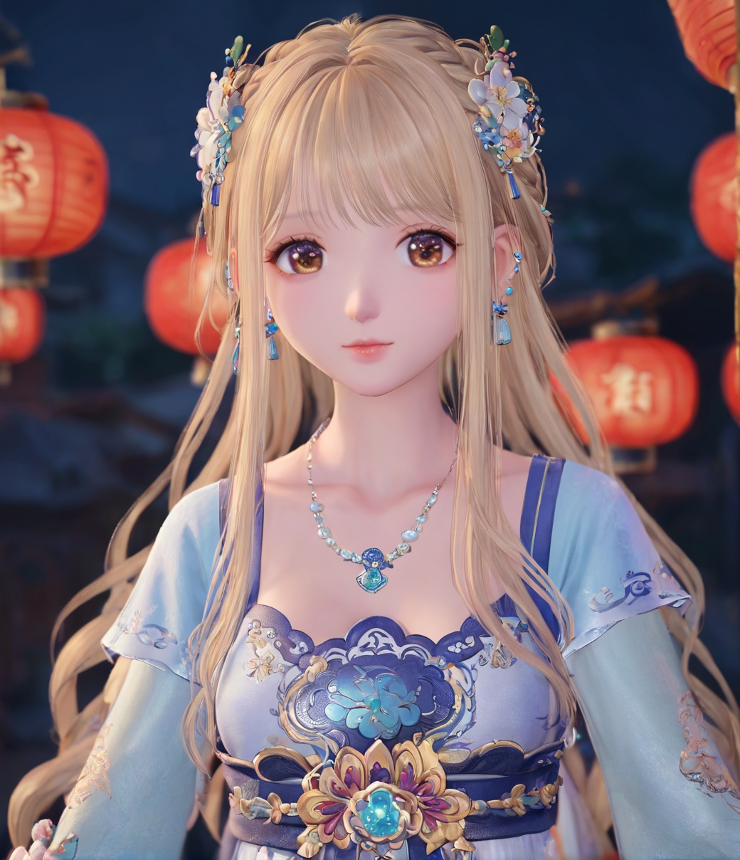 <lora:test1:0.7>,chinese clothes,1girl,jewelry,solo,blonde hair,long hair,hair ornament,necklace,dress,brown eyes,flower,long sleeves,hanfu,upper body,looking at viewer,hair flower,dark background,earrings,simple background,braid,cuteg,medium eyes,china architecture,lantern festival,china lantern,sideways glance,