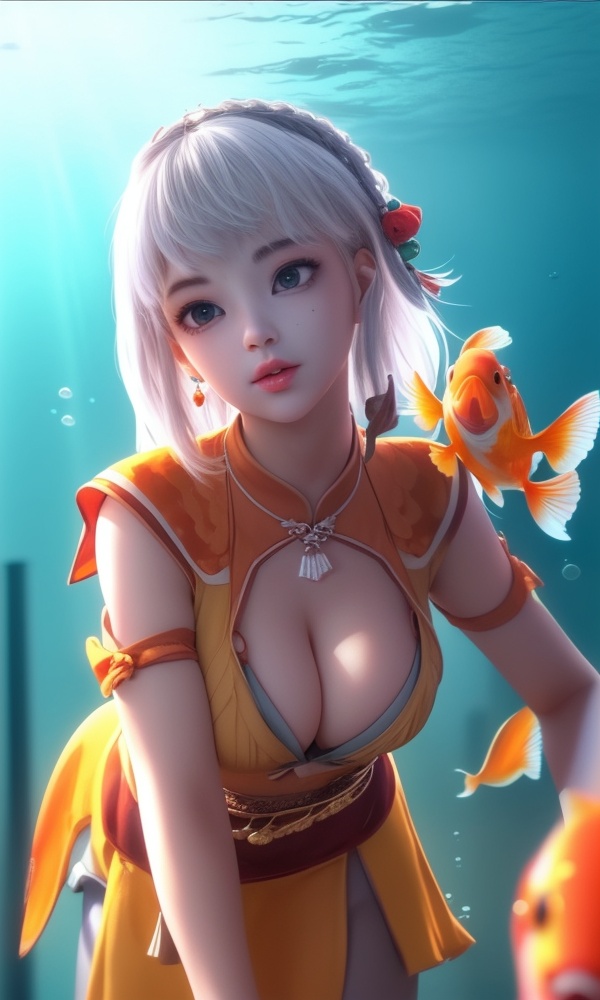 (,1girl, ,best quality, ),looking at viewer, <lora:433-DA-少年歌行-小白:0.8> ,, ,masterpiece, ((((, solo,  goldfish, ,solo focus, ,underwater, )))) ,ultra realistic 8k cg,   clean, masterpiece,     cinematic lighting, cinematic bloom,  (( , )),, , unreal, science fiction, luxury, jewelry, diamond, gold, pearl, gem, sapphire, ruby, emerald, intricate detail, delicate pattern, charming, alluring, seductive, erotic, enchanting, hair ornament, necklace, earrings, bracelet, armlet,,(cleavage),