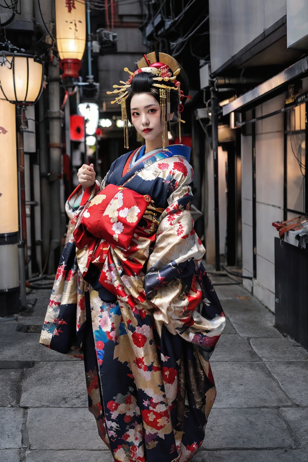 (wsoiran:1.1),1girl,oiran,headpiece,ornate,kimono,hairpin hairpin,hyogo north,oversized clothes,dignified,facing viewer,absurdres,foral_background,(cyberpunk:1.3),