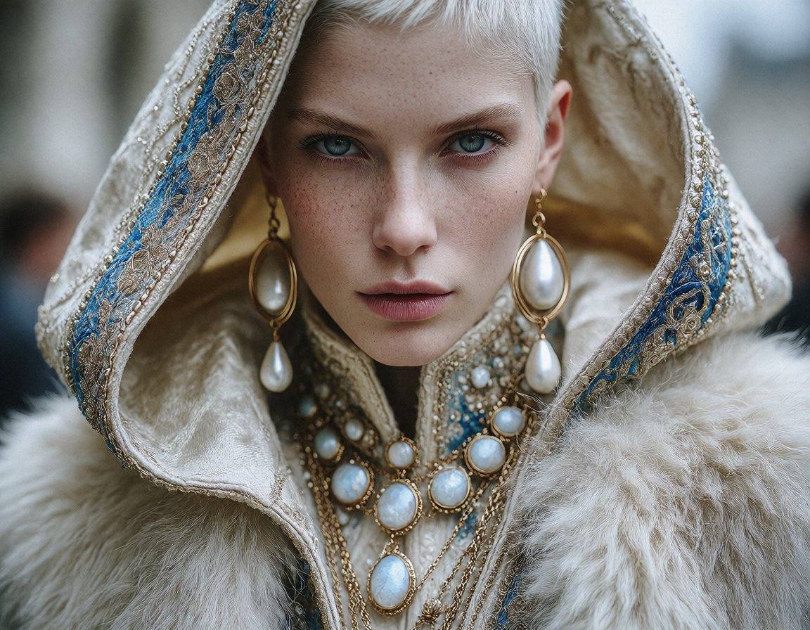 Hyper-realistic cinematic portrait of a noble woman with a platinum blonde buzz cut and piercing blue eyes. She has a dust...