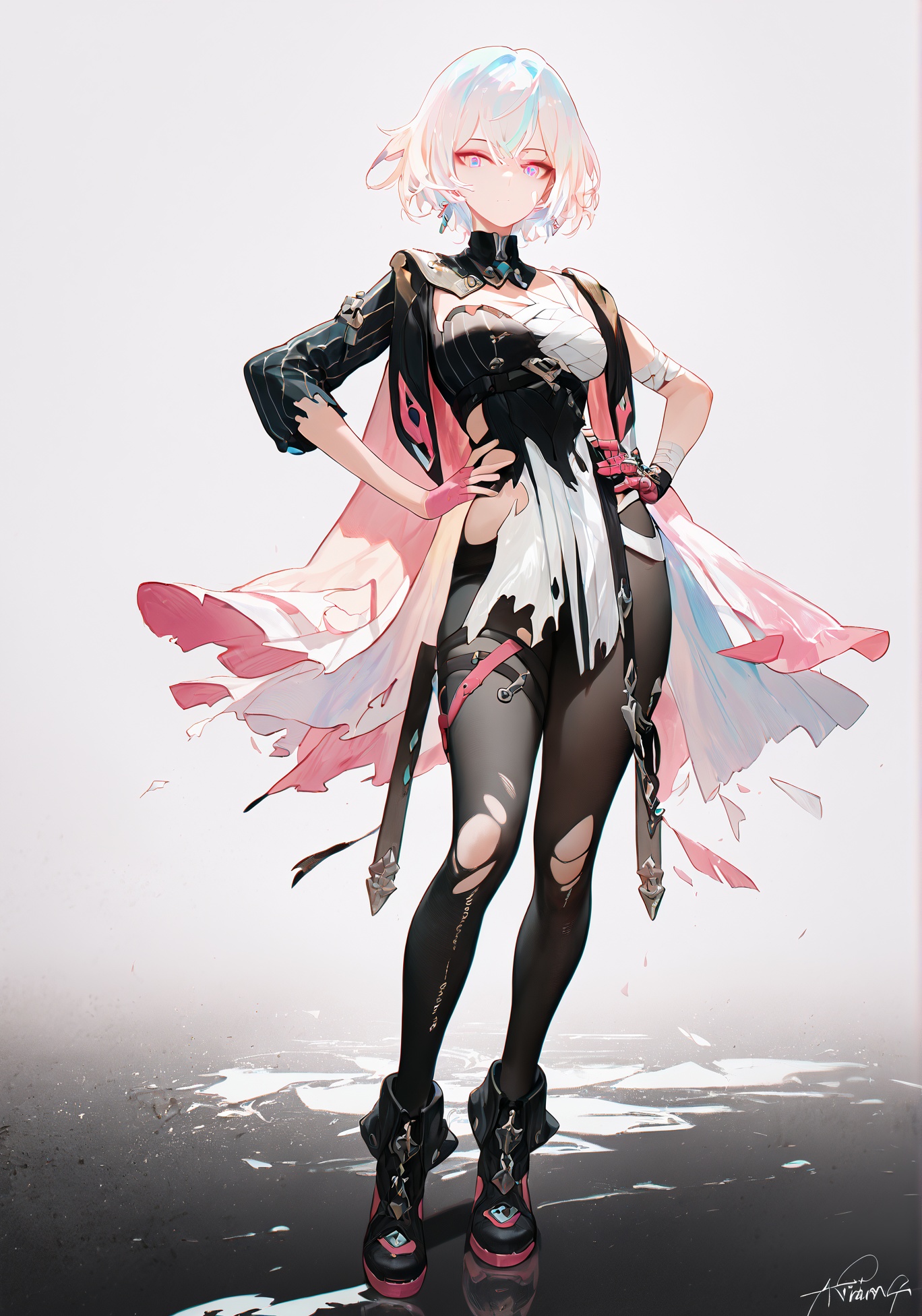 score_9, score_8_up, score_7_up, score_6_up, 8k, 8k, best quality, masterpiece, (ultra-detailed:1.1), (high detailed skin), (full body), ( white background:1.3), standing, looking at viewer, (solo), hand on hip, <lora:Lantern-pony-Tanger:0.8>, dengsfl, broken clothes, torn clothes, multicolored hair, 1girl, multicolored eyes, bandages, bandaged arm, pantyhose, black footwear, pink gloves, single glove, torn pantyhose, short hair, (beautiful_face), ((intricate_detail)), clear face, ((finely_detailed)), fine_fabric_emphasis, ((glossy)), full_shot, <lora:agm-artist-richy-v1_pdxl:0.7>, 
