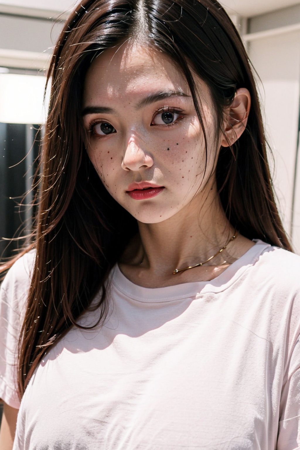 (masterpiece, top quality, best quality,aesthetics:1.2),ultra-detailed,1 girl,long hair,close up,(white tshirt:1.4),<lora:Again_Girl_A8:0.8>,<lora:freckle_slider_v1:1>,<lora:SkinTexture_B:0.6>,<lora:FilmVelvia3:0.5>,<lora:skin_slider_v10:1>,<lora:AgainMix_FrecklesSliders:-1.5>,
