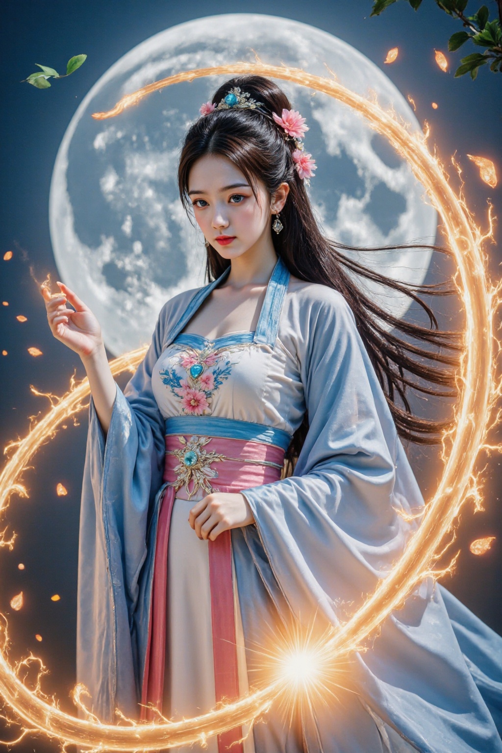 HDR photo of cinematic film still 1girl,solo,upper body,blue and white and pink chinese dress,black hair,electricity,fire,flower,petal,flowing hair,gem,neatly circled around the girl in a single direction,fire,flowing hair,burning,wrapped in flames,girl solo,abstract,blue sky,flying green leaves,full moon, shallow depth of field, vignette, highly detailed, high budget, bokeh, cinemascope, moody, epic, gorgeous, film grain, grainy . High dynamic range, vivid, rich details, clear shadows and highlights, realistic, intense, enhanced contrast, highly detailed,
