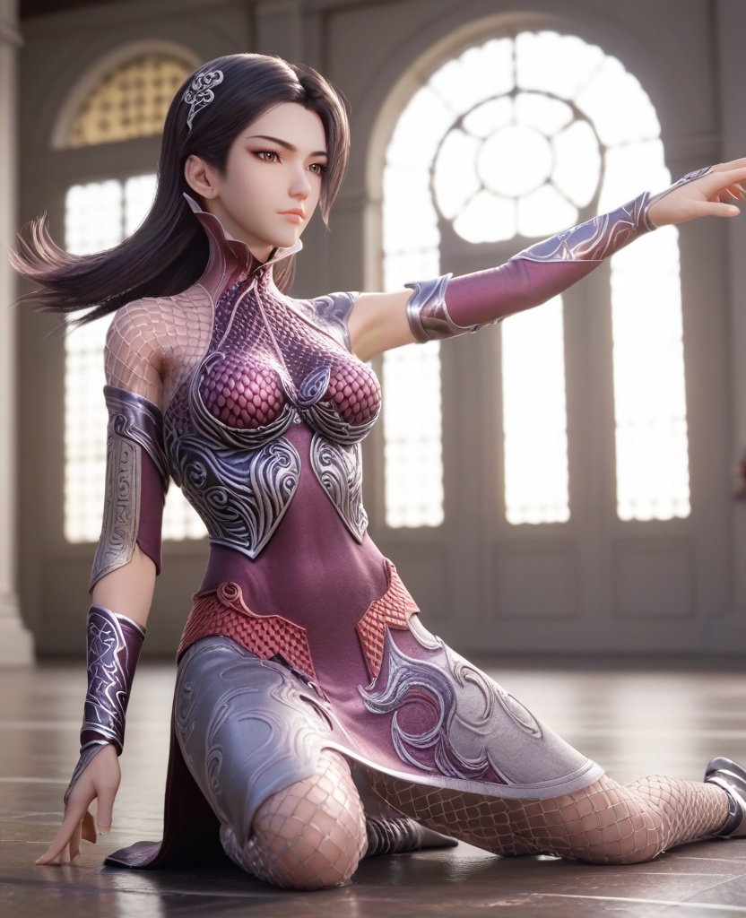 (oriental architecture, elegant decor, sophisticated style:1.1),(practicing gymnastics,floor exercise:1.1),(breasts:1.2),<lora:XL16秦时明月惊鲵:0.95>,miss jingni,corset dress with purple topwear and silver skirt,brown eyes,black hair,long hair,detached sleeves,barrettes,black leather left shoulder cut and mesh fabric on right shoulder,side slit,fishnet pantyhose,, score_9,score_8_up,score_7_up,score_6_up,score_5_up,score_4_up,3d rendering,tag1,tag2, Cinematic Lighting,backlighting,