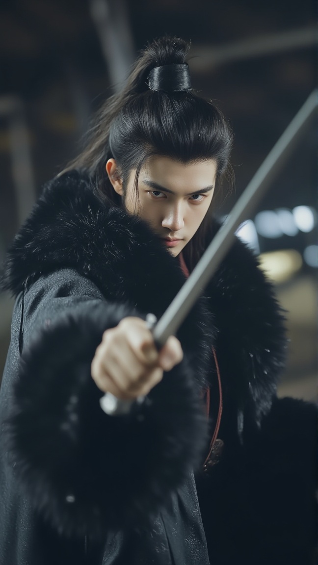 neomj,<lora:neomj古风v9_15:0.9>,A man with long dark hair pulled back in a top knot holds a sword to front,He wears a dark fur-trimmed jacket with a hint of red underneath. The background appears blurry and dark,with hints of light and some structure in the back. The man's face shows a focused expression.,