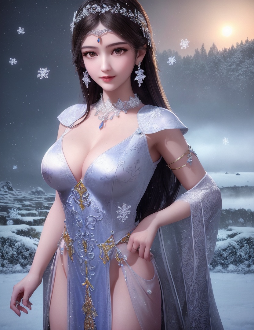 ultra realistic 8k cg, flawless, clean, masterpiece, professional artwork, famous artwork, cinematic lighting, cinematic bloom, perfect face, beautiful face, fantasy, dreamlike, unreal, science fiction,   lace, lace trim, lace-trimmed legwear, luxury, jewelry, diamond, gold, pearl, gem, sapphire, ruby, emerald, intricate detail, delicate pattern, charming, alluring, seductive, erotic, enchanting, hair ornament, necklace, earrings, bracelet, armlet,halo,autumn,((,1girl, pov,best quality, ))  , ((((1girl, solo,outdoors, large breasts,,snowflakes,  snow, snowing,   ))))    <lora:DA_BaiCai:0.7>