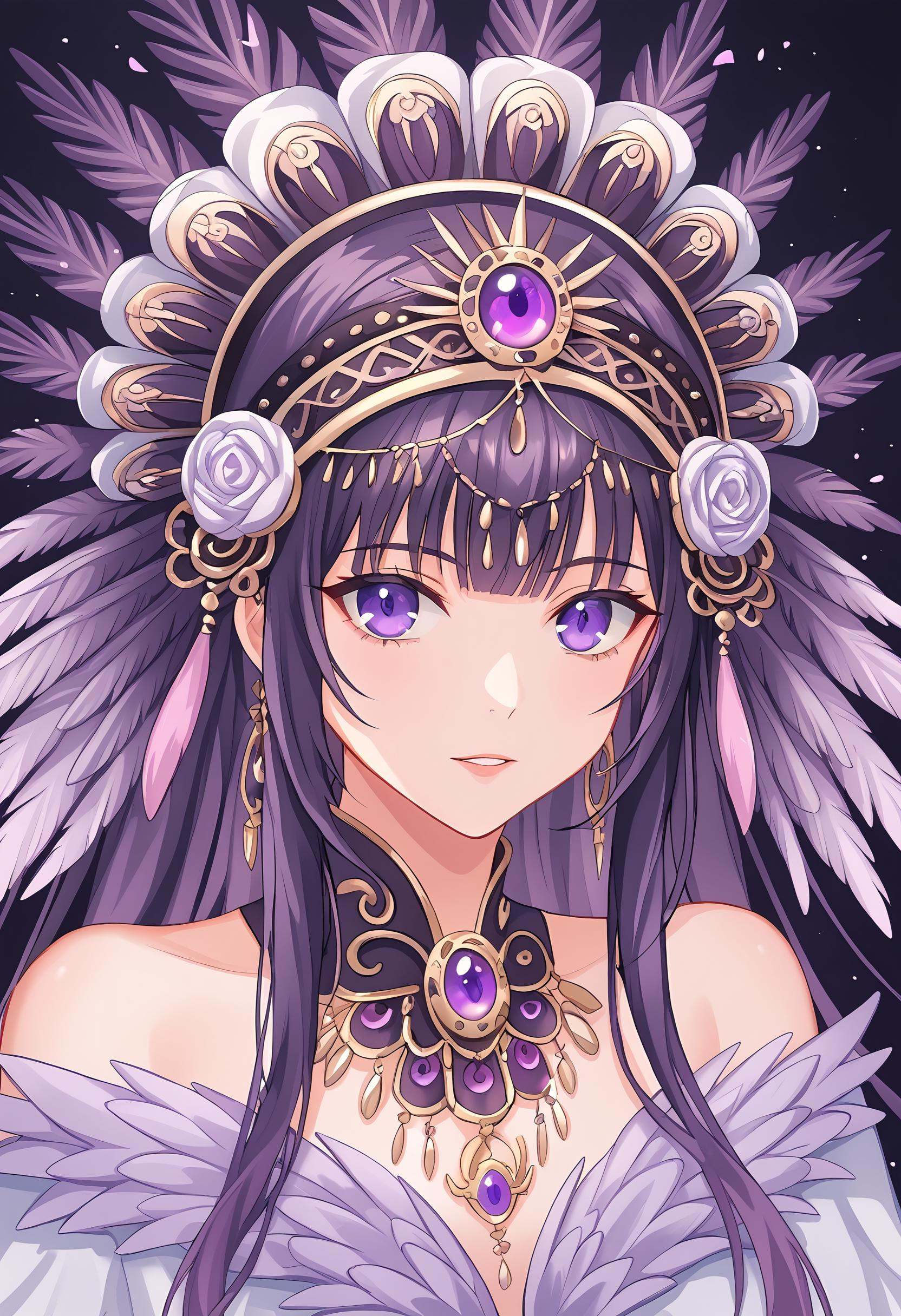 A mesmerizing digital portrait of a charismatic woman with piercing violet eyes,  adorned in an ornate headdress,  surroun...