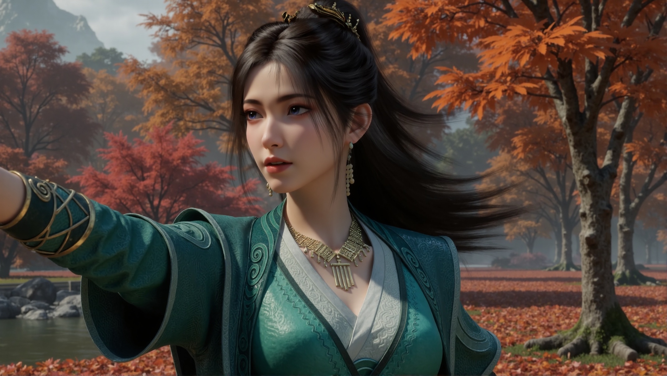 an Asian woman with long dark hair styled in a high ponytail or elegant updo. She is wearing traditional Chinese attire in teal,green,and gold tones with intricate patterns,featuring a high collar,long sleeves,and textured fabric. Adorned with a small gold crown,a gold necklace with geometric pendants,and gold earrings,she conveys an elegant and serious demeanor with imperial and traditional aesthetics.,mupeiling is taking a selfie with a shocked expression,one arm extended forward as if holding a camera or smartphone,in a vlog pose. The shot uses Dutch angle (tilted lens) and motion blur,adding a sense of unease and tension. Behind her,the scene shifts to a beautiful autumn maple forest with leaves falling gently through the air,creating a serene yet dynamic backdrop. The ground is covered with a thick layer of fallen maple leaves in shades of red,orange,and yellow. Rays of sunlight pierce through the canopy,casting soft shadows on the forest floor. The atmosphere feels calm and peaceful,contrasting sharply with the tense posture of the character. Fantasy art style,high detail,cinematic lighting,4K ultra HD.,