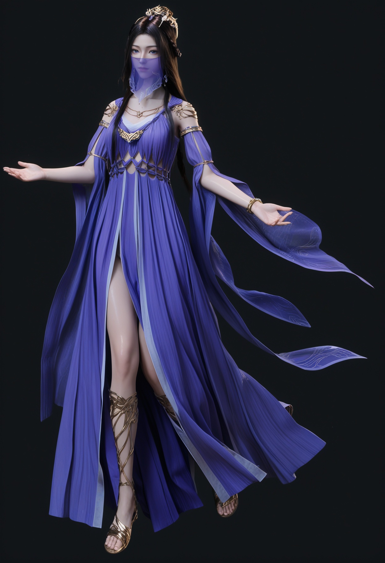 (standing full_body:1.1),(score_9:1.2),(score_8_up:1.2),(top quality, 8k wallpaper:1.1),(masterpiece:1.1),(best quality:1.2),(intricate details),8k,1girl,facing viewer,(looking at viewer:1.1),<lora:YQ_pony_ziling_V4:0.95:lbw=1,1,1,1,1,1,1,1,1,0.8,0.8,0.1>,q1528437228,1girl,solo,long hair,black hair,veil,mouth veil,dress,jewelry,hair ornament,necklace,blue dress,purple dress,blue eyes,bracelet,detached sleeves,hair bun,brown hair,earrings,braid,single hair bun,mole,wide sleeves,sandals,purple eyes,mole under eye,tiara,long sleeves,pantyhose,BREAK(score_9:1.2),(score_8_up:1.2),masterpiece,best quality,very aesthetic,perfect anatomy,(hourglass),perfect face,(simple background,pure black background,black background:1.1),fair_skin,(shiny_skin:1.1),Ivory_skin,