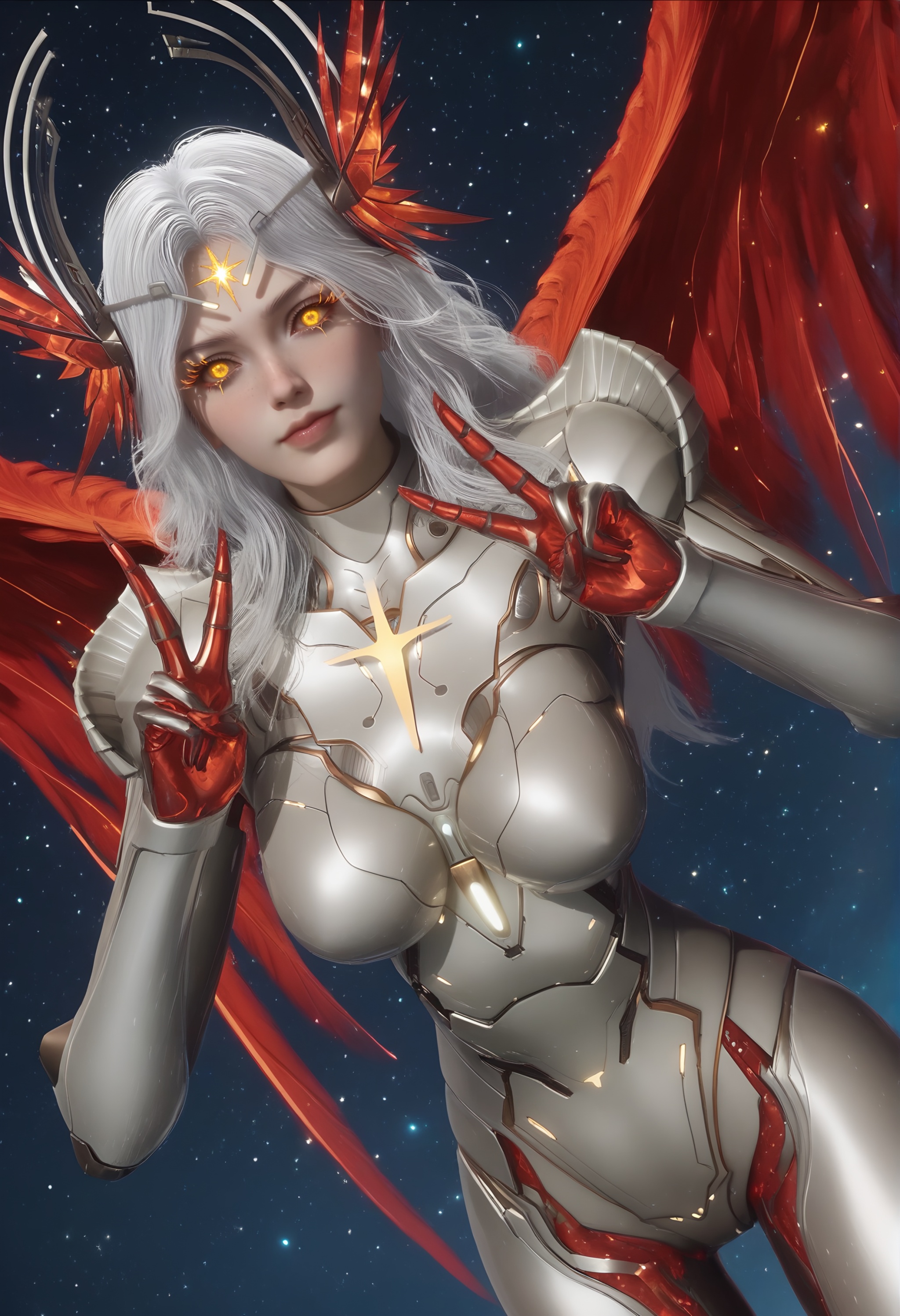 (score_9),standing,<lora:星幻王-apony:0.83>,mechanical angel,xinghuanwang,1girl,solo,joints,ringed eyes,long eyelashes,freckles,hair ornament,long hair,white hair,glowing markings,glowing eyes,yellow eyes,Metallic horn-like ornament,blending feathers and mechanical parts,power armor,shoulder armor,wings,feathered wings,red wings,large_wings,legs,cybernetic legs,calf,glowing veins on calf,lower leg,cybernetic calf,bare legs,mature_female,BREAK<lora:Expressive_H-000001:0.78>,light blush,Expressiveh,ringed eyes,looking at viewer,front view,looking at viewer,front view,standing,(double v),dutch angle,dynamic_angle,fair_skin,(pale skin),(sweaty_skin),BREAKsimple background,<lora:e色温:0.25>,sparkle,blurry background,star \(symbol\),starry sky,star \(sky\),universe,hyper_galaxy,4K ultra HD,sharp focus,high detail,high contrast,