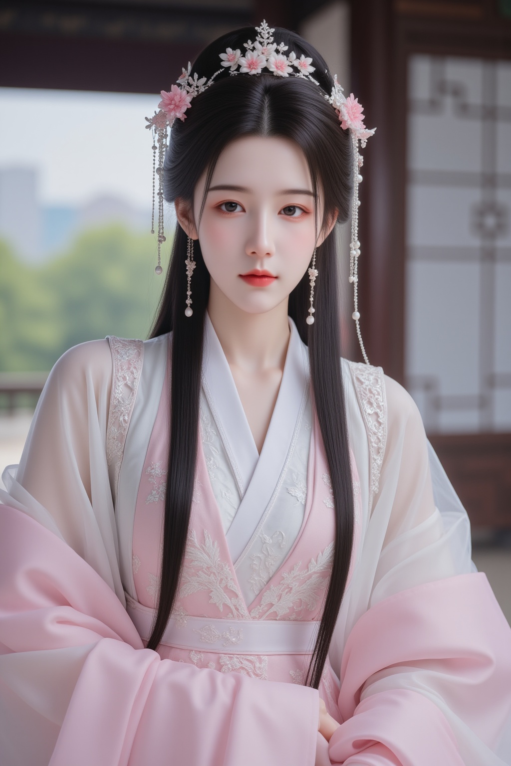 Cinematic photo a photograph of a woman with fair skin and long black hair,pink and white hanfu,