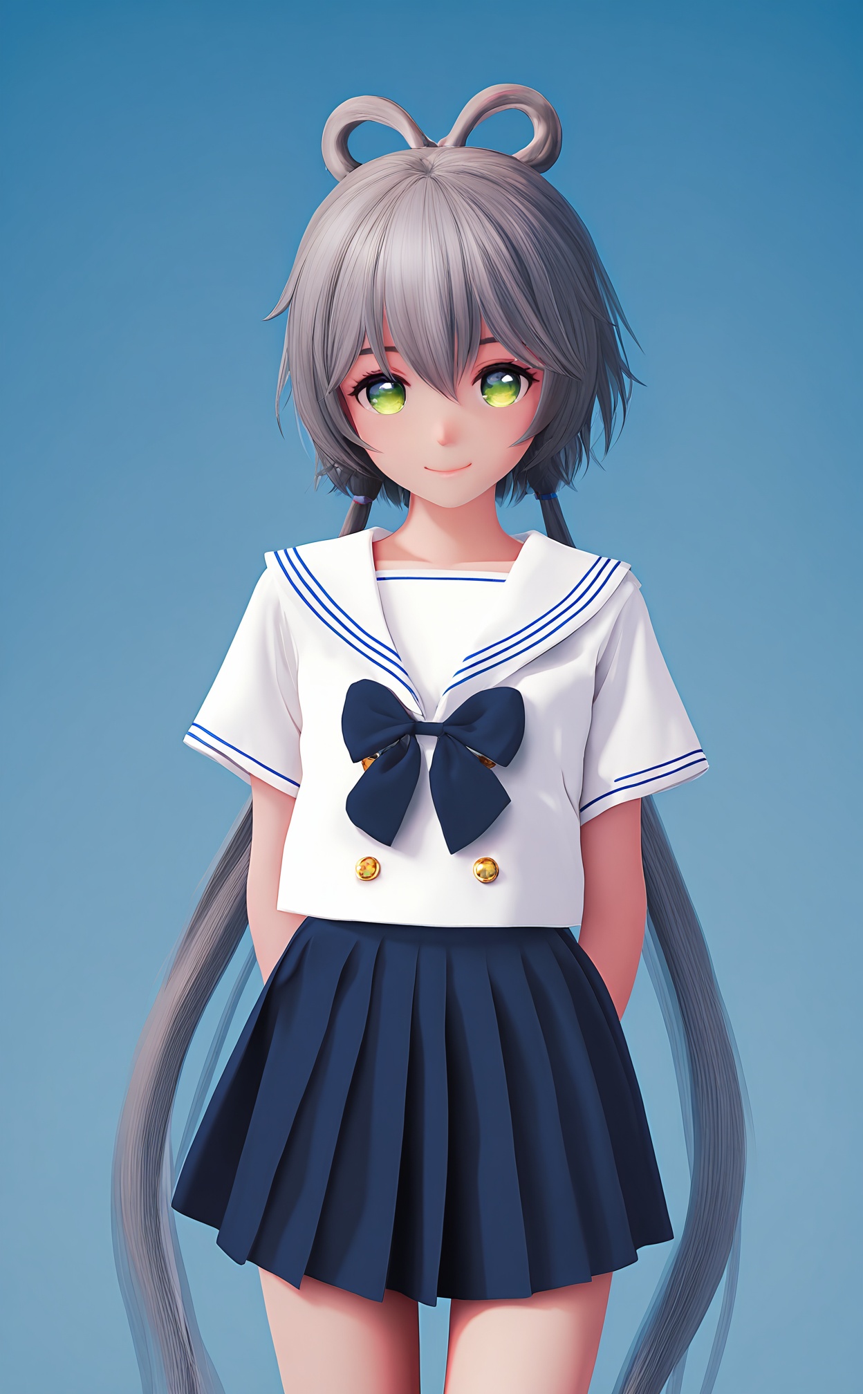 masterpiece,very aware,highres,absurdres,newest,best quality,loli,petite,high quality,chromatic_aberration,chromatic_aberration,cinematic_angle,dutch angle,//,luo tianyi,1girl,green_eyes,solo,long_hair,hair_rings,skirt,blue_background,school_uniform,looking_at_viewer,short_sleeves,very_long_hair,shirt,cowboy_shot,hair_between_eyes,white_sailor_collar,sailor_collar,simple_background,white_shirt,closed_mouth,smile,twintails,serafuku,pleated_skirt,grey_hair,bow,standing,buttons,alternate_costume,gradient_background,//,//,//,photorealistic,<lora:MMD3——【noob】hans:0.8>,