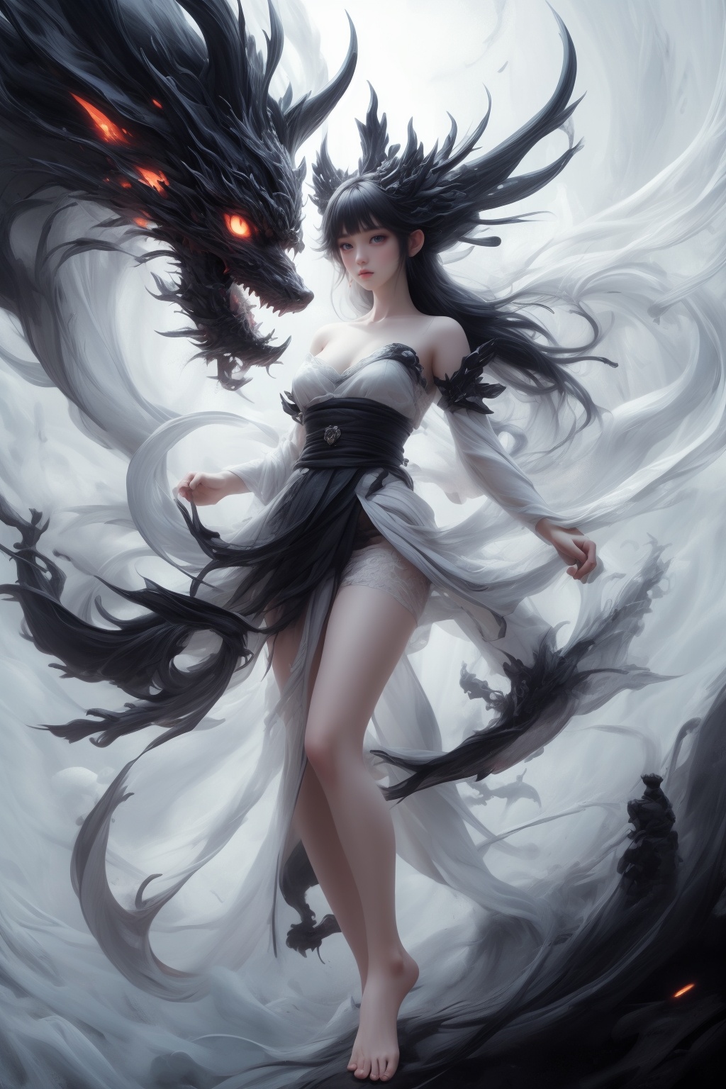 style of Karol Bak,the 1girl with white hanfu is standing in front of the black (chinese_dragon),bare legs,barefoot,dynamic pose,looking away,in the style of otherworldly beings,animecore,dark and menacing,intricate illustrations,delicate linework,fine details,whimsical patterns,enchanting scenes,dreamy visuals,captivating storytelling,gorecore,enigmatic characters,twisted characters,depth of field,floating,dynamic angle,long exposure,(motion blur):1.2,fluid movement,ethereal atmosphere,dreamy trails,dynamic energy,time-lapse effect,