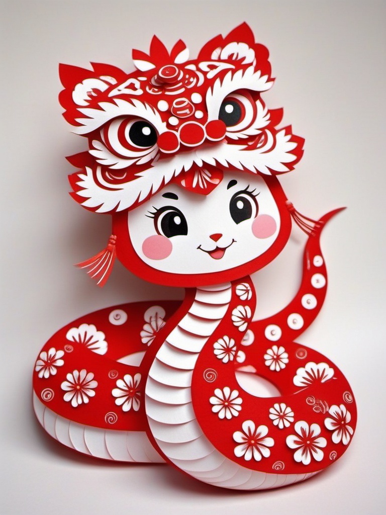 jianzhishe, paper cutting,A bright red, intricately cut paper snake flaunts a cute, human-like face with big, round eyes and a cheeky grin. Its body is decked out with floral and geometric patterns, and it's rocking a traditional Chinese dragon headpiece. The snake's scales are detailed, giving it a textured vibe. The background is a plain, light beige.,<lora:jianzhishe_v1:0.8>