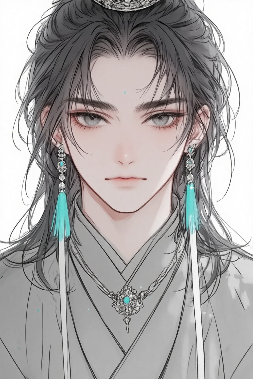 ZOZ_SUMIAOHH,ZOZ_SUMIAOMIAO,a digital illustration shoot from a portrait camera angle about a close-up portrait of a young man with a serious expression,wearing traditional clothing adorned with jewelry and accessories,the image also shows a detailed and realistic style with a focus on the male characters facial features and hair,on the middle of the image,a 1man,who appears to be in his early twenties,with long,wavy black hair,is facing the viewer,looking directly at them with a neutral expression,he is wearing a traditional japanese outfit with a grey kimono and a silver necklace with turquoise tassels,along with a decorative headpiece,the background is a plain white background with subtle hints of teal accents,