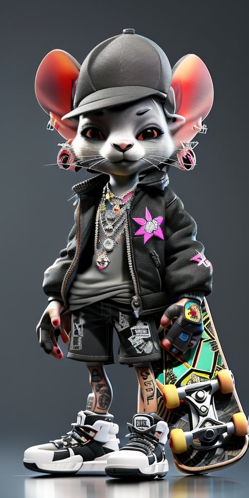 <lora:3D_model-000000:1.1>,HDR,UHD,8K,Highly detailed,best quality,masterpiece,3D,jewelry,ring,hat,shoes,solo,earrings,furry,shorts,shirt,skateboard,black headwear,jacket,tattoo,black jacket,sneakers,standing,animal ears,necklace,baseball cap,looking at viewer,full body,gloves,black background,1girl,open clothes,backwards hat,fingerless gloves,hand on hip,short sleeves,skull print,black gloves,multiple rings,black shorts,open jacket,piercing,black footwear,arm tattoo,furry female,tail,heart,holding,