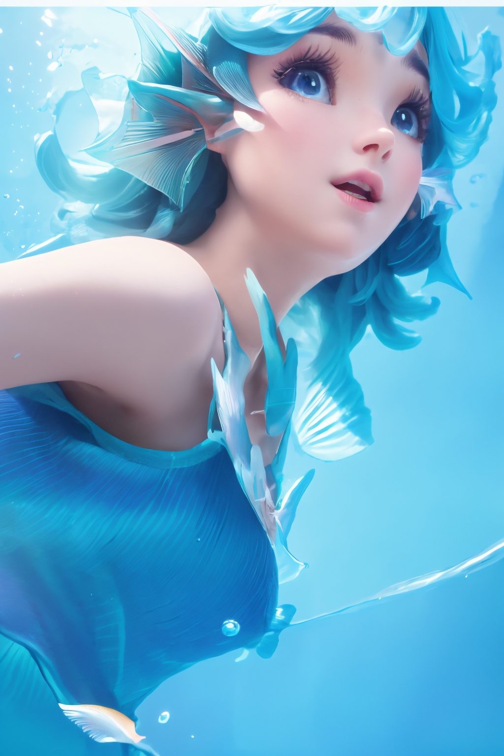 (1girl),moyou,smooth chin,masterpiece,detailed face,((hair ornament)),top quality,4k,make up,best quality,alone,single,solo,only one,one character,blush,(body blush),(detached sleeves),earrings,(blue hair),under water,(head fins),long hair,(from below),ocean,(puffy hair:1.13),head wings,frilled skirt,frilled clothes,model,looking at viewer,Cute Women,frilled shirt,bubble skirt,green skirt,full body,(detached shirt),bandeau,blue skirt,((Prayer with both hands)),(Masterpiece), the best quality,((The best hand))