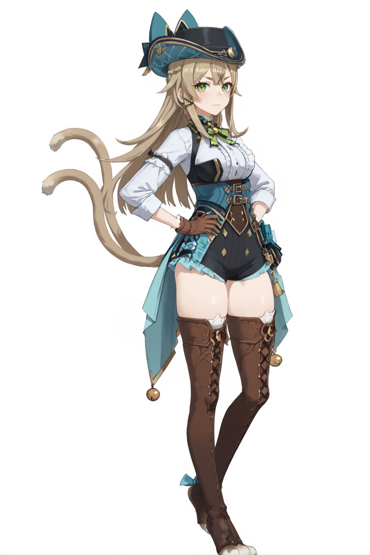 score_9, score_8_up, score_7_up, score_anime, 8k, best quality, masterpiece, (ultra-detailed), (white background,simple background:1.3), solo, hands on hip, (full body:1.1), looking at viewer, <lora:yll-pony-Tanger:0.8>, yll, alternate costume, youxia, nekomata girl, 1girl, brown gloves, green eyes, long hair, hat, thighhighs, thigh boots, shorts, (2 tails, cat tails:1.2), cat feet, 