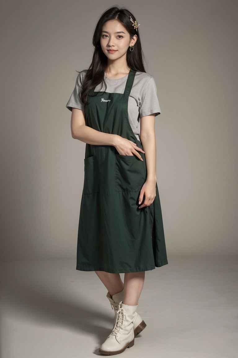 pencil skirt,1girl,solo,jewelry,earrings,smile,own hands together,brown eyes,gradient background,gradient,full body,looking at viewer,apron,dress,green background,short sleeves,brown footwear,standing,long hair,closed mouth,simple background,shoes,v arms,grey hair,green dress,hair ornament,pocket,flat chest,female child,boots,, masterpiece,best quality,