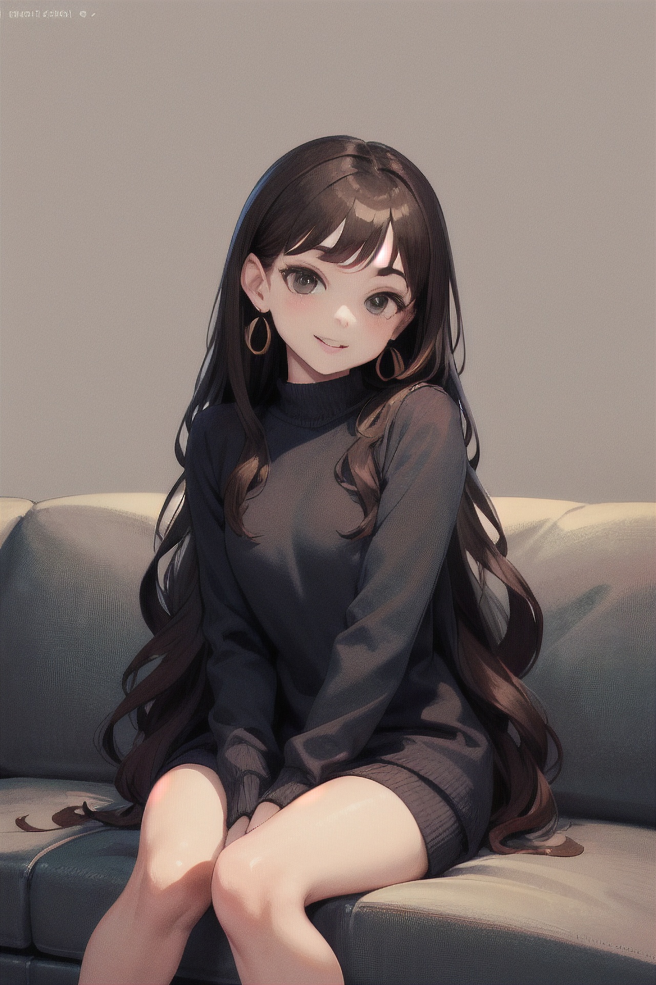 (masterpiece,  best quality,  ultra detailed), 1girl, solo, long hair, earrings, jewelry, sitting, sweater, looking at viewer, head tilt, couch, hand between legs, very long hair, lips, wavy hair, between legs, brown hair, watermark, black hair, closed mouth, smile, artist name, brown eyes, grey background, black eyes, eyelashes