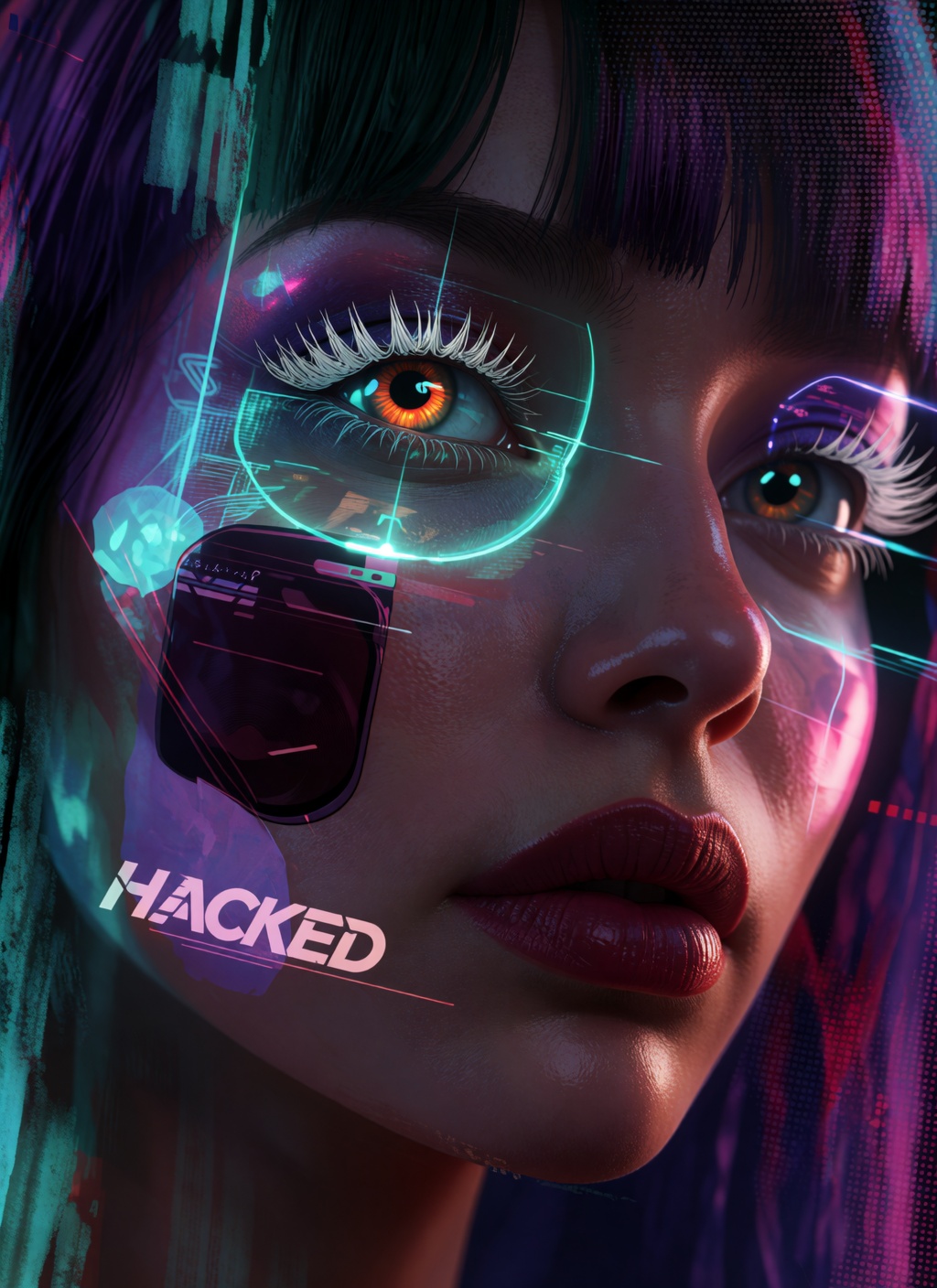 Cyberpunk portrait of a woman close-up,  glitch art style with high digital noise and heavy film grain texture. One of her...
