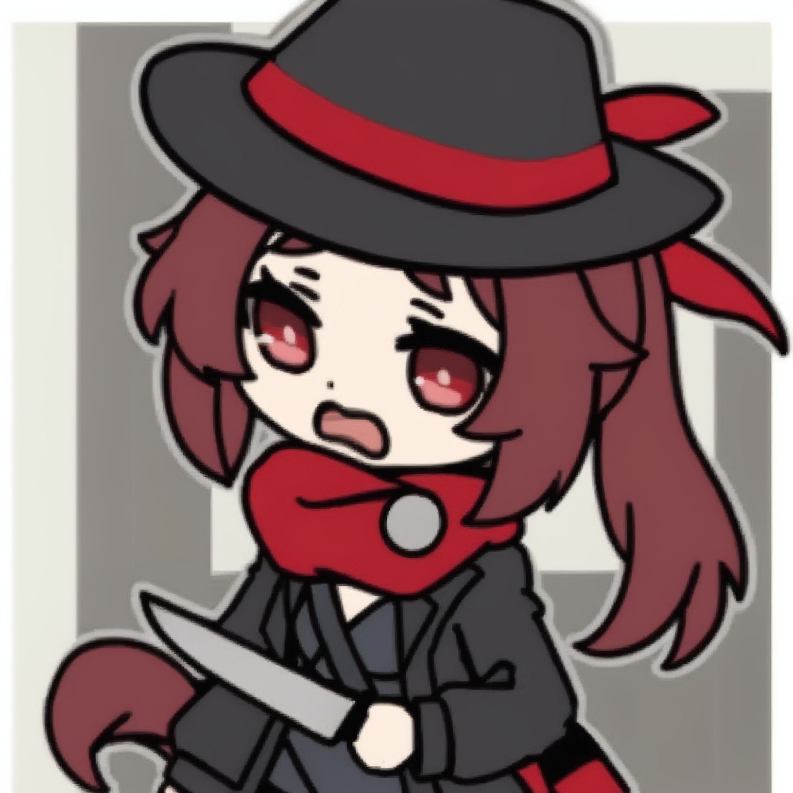 masterpiece, best quality,cowboy hat,outline,Simple background, 1girl, solo,red hair, black hat, hat feather, red scarf, black jacket, dog_tags, chibi, 1girl, yandere, , , , , holding, , , knife, open_mouth, meme, holding_knife, kitchen_knife, solo, chibi, , jacket, , , , hair_ornament, long_sleeves, , open_clothes<lora:Texture2DjiXLlokr4f-000142:0.95> <lora:JXXLV1-000062:1>