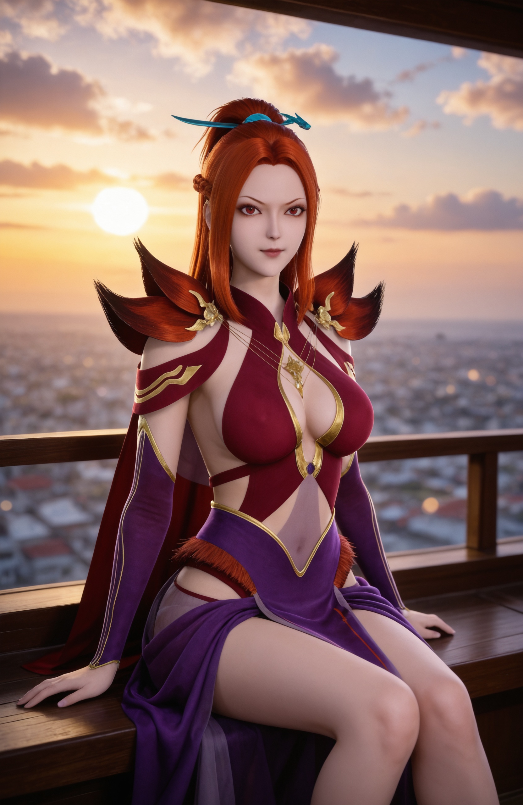 <lora:妖神记-沈秀Pony:0.7> 1girl, long hair, red hair, red eyes, hair ornament, purple dress, detached sleeves, large breasts, cleavage, clothing cutout, shoulder armor, purple footwear, realistic style photo,outstanding style,adding a touch of dimension to your images without compromising details,whirls of vapor,ethereal ambiance,delicate details,magical atmosphere,concept art,highly detailed,ultra-high resolution,32K UHD,sharp focus,best-quality,masterpiece,golden hour,unconventional supreme masterpiece,masterful details,temperate atmosphere,with a high-end texture,in the style of fashion photography,magazine style,Dynamic Angle,Dynamic posture,(cowboy_shot:1.2),depth of field,lens flare,extreme aesthetic,masterpiece,best quality,good quality,newest,year 2025,very aesthetic,absurdres,Visual impact,A shot with tension,ultra-high resolution,32K UHD,sharp focus,best-quality,masterpiece,Emotionalization,unconventional supreme masterpiece,masterful details,temperate atmosphere,with a high-end texture,in the style of fashion photography,(Visual impact:1.2),giving the poster a dynamic and visually striking appearance,, 1girl,solo,sitting,window,frills,sky,cloud,indoors,cityscape,closed_mouth,sun,looking at viewer,