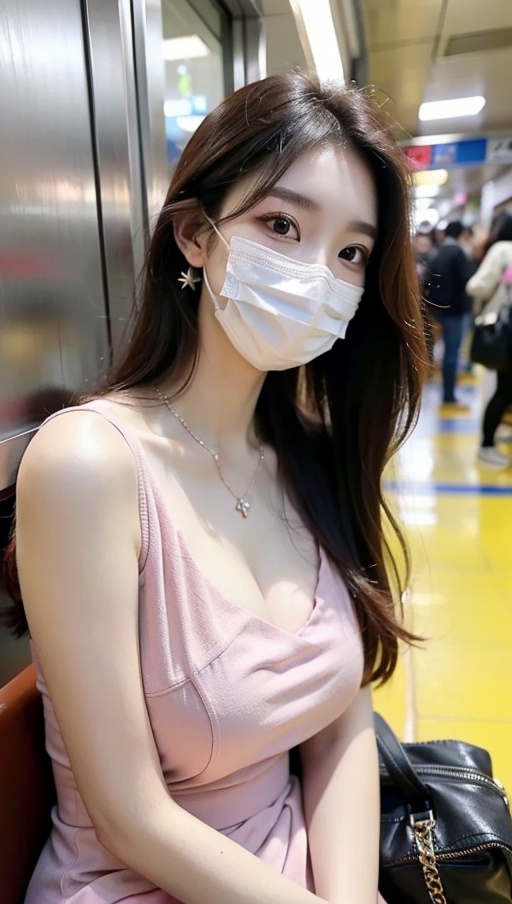 (best quality, masterpiece:1.3),1girl,jinyu.1girl,solo,big breasts,cleavage,narrow_waist,slender,pale_skin,long hair,straight_hair,(masks:1.1),(mouth_mask:1.2),china_dress,print_cheongsam,color contact lenses,mole under eye,nail_art,(upper_body:1.3),sitting in the subway,portrait,(stud earrings:1.2),(holding:1.1),(holding_bag:1.2),(front view:1.2),(looking_at_viewer:1.4),(eye-contact:1.4),pendant,necklace,pink dress,sweater,dress,pink_dress, <lora:meinv45:0.7>,pink_dress,   <lora:高贵御姐连衣裙LY:0.7>,