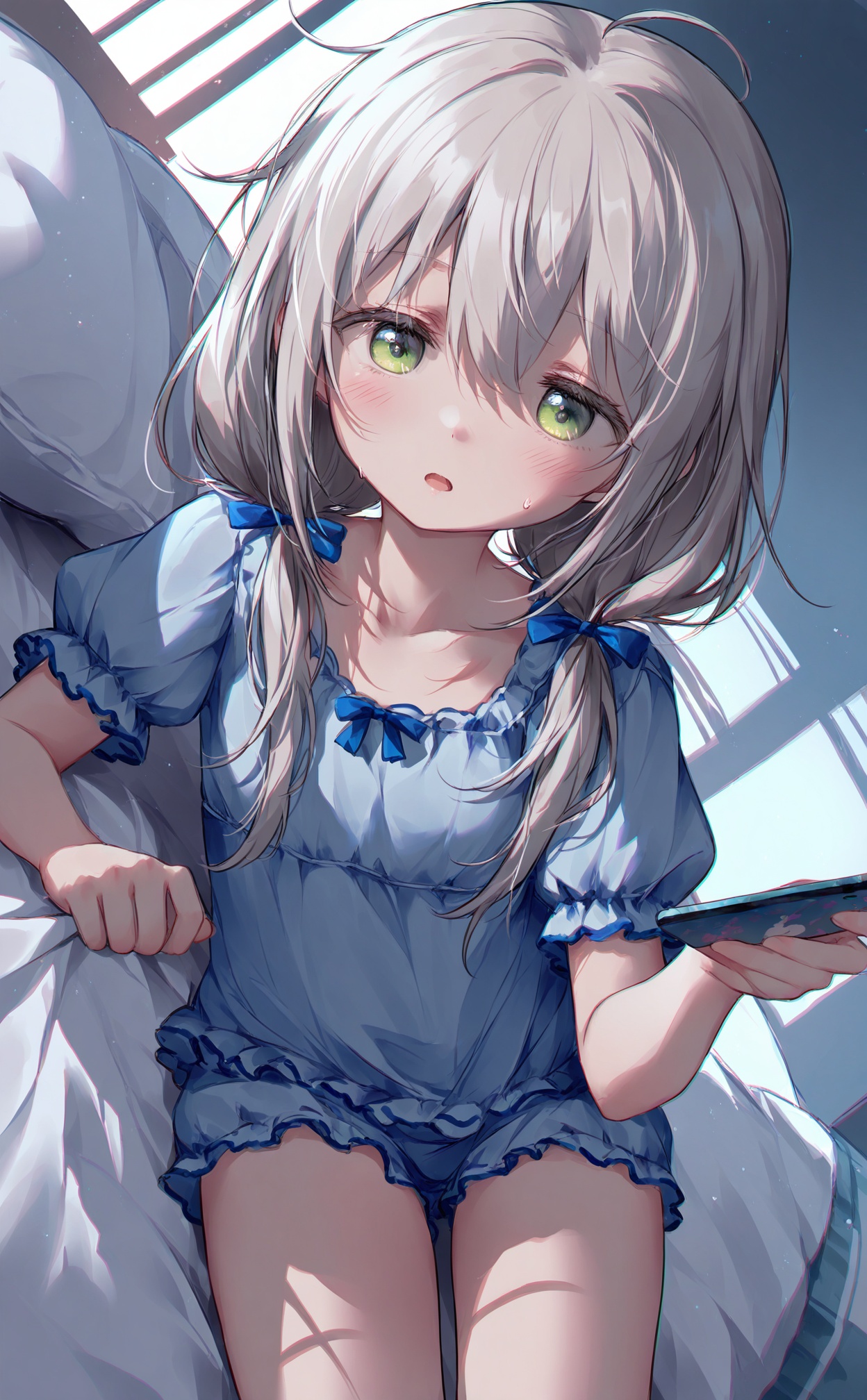 masterpiece,very aware,highres,absurdres,newest,best quality,high quality,loli,petite,chromatic_aberration,cinematic_angle,dutch angle,Light Blue Theme,//,1girl, phone, cellphone, green eyes, solo, grey hair, holding phone, holding, smartphone, long hair, open mouth, pajamas, twintails, short sleeves, under covers, low twintails, blue bow, hair between eyes, hair bow, bow, blue shirt, puffy sleeves, blue pajamas, blanket, bed sheet, shirt, sweatdrop, ahoge, puffy short sleeves, on bed, blush//,//,<lora:zitonger——【noob】hans:0.9>,
