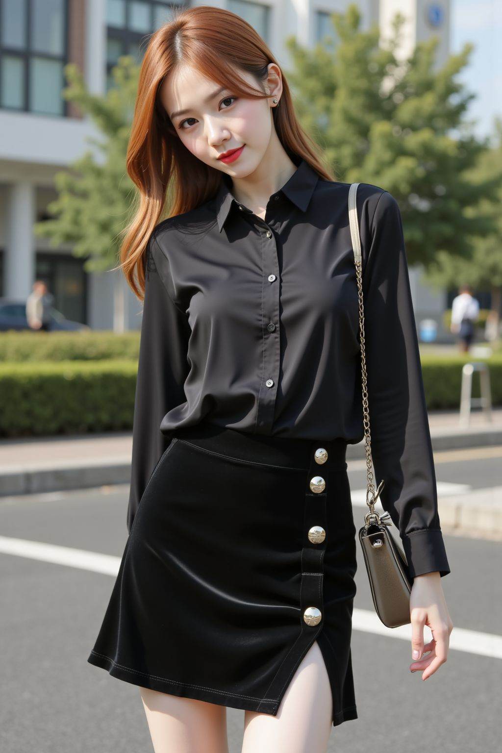 instagram photo, pale skin, thin, slim, dark shirt, skirt, outdoors,