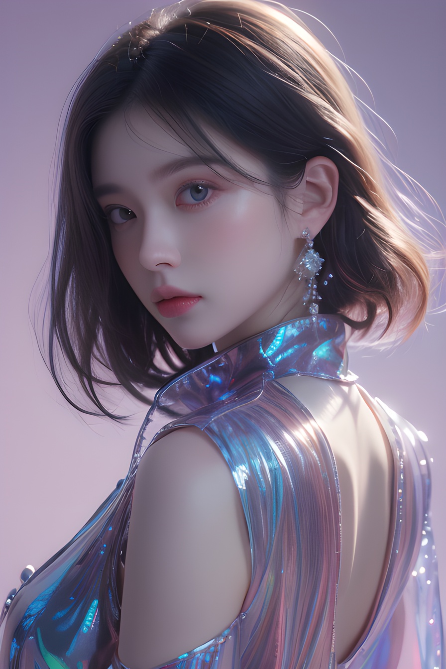 1girl,jewelry, iridescence,  look back, upper body,light pink background, (32k, best quality, highres, masterpiece:1.21), (realistic:1.331), detailed and intricate, (iridescent hair:1), <lora:20240218-1708234260649:0.4>, <lora:幻光琉璃Phantasmal Luminous The Radiance of Rainbow Dispersion:0.6>