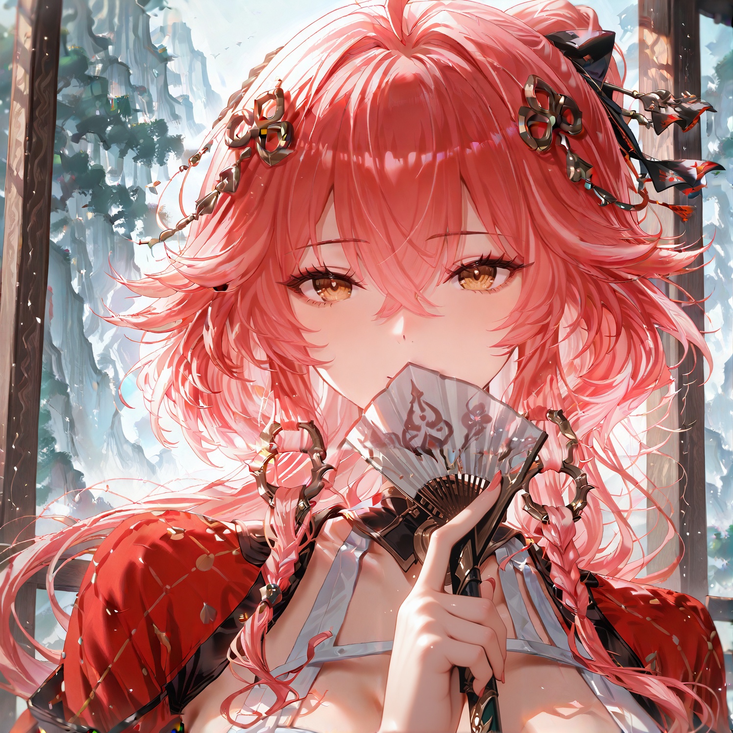 <lora:tanXL:1>,folding_fan,fan,holding fan,holding,holding fan,solo,open folding fan,the fan blocks half of the face,upper body,<lora:长离长离:1>,changli,1 woman,yujie,long hair,bangs,hair ornament,hair between eyes,yellow eyes,pink hair,ahoge,red hair,