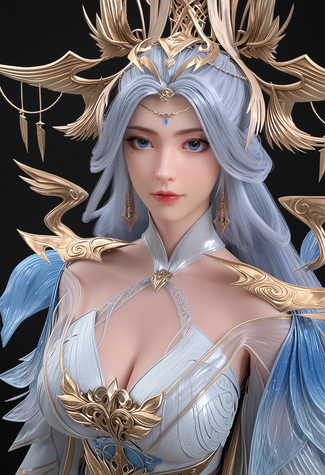 (looking_at_viewer:1.2),upper_body,(gigantic breasts:0.8),(slender:1.2),facing viewer,<lora:YQ_pony_ningyudie_V4:0.8>,1girl,q1528437228,solo,long hair,hair ornament,jewelry,blue eyes,dress,earrings,blue hair,mole under eye,grey hair,white hair,detached sleeves,footwear,(simple background,pure black background,black background:1.1),perfect_anatomy,