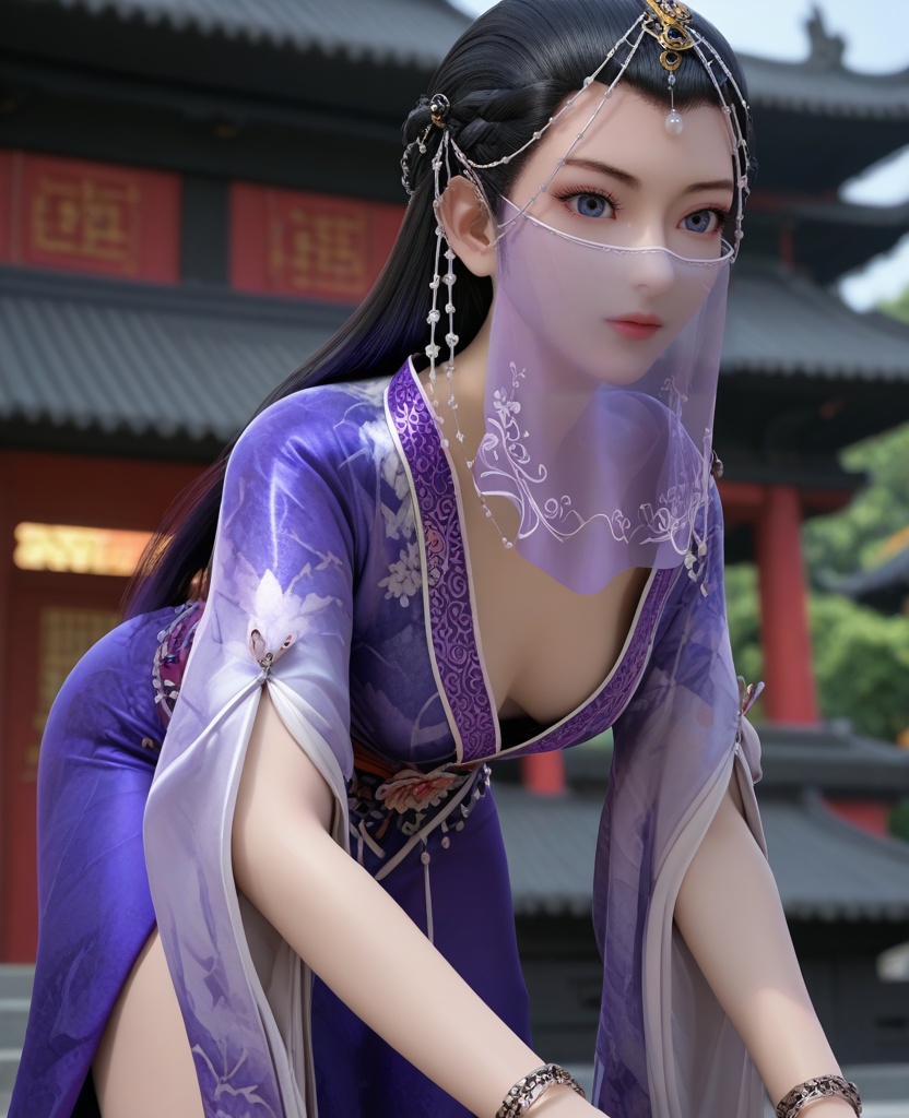 (oriental architecture, elegant decor, sophisticated style:1.1),(leaning forward:1.1),(breasts:1.2),<lora:XL16墓王之王沐雪离第一版:0.95>,miss muxueli,blue violet gown with floral print,blue eyes,see-through veil,black hair,half-up crown braid with long cascading hair,head chain,sash,bracelet,, score_9,score_8_up,score_7_up,score_6_up,score_5_up,score_4_up,3d rendering,tag1,tag2, Cinematic Lighting,backlighting,