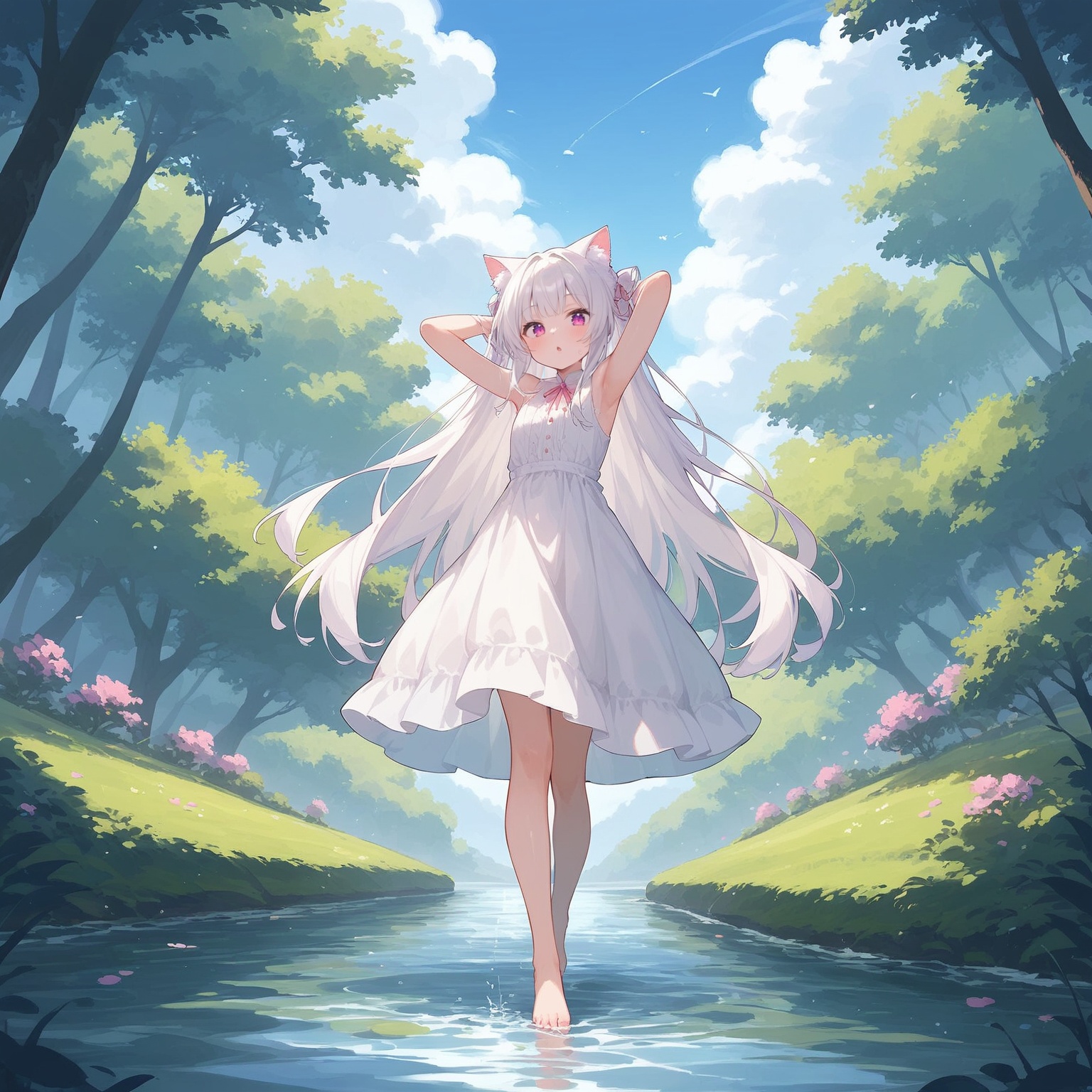 score_9,score_8_up,score_7_up,anime,masterpeice,best quality,very aesthetic,absurdres,cat girl,nekomata,1girl,solo,white cat ears,cat tail,white hair,bangs,long hair,pink eyes,white dress,in summer,fair_skin,light_blush,arms up,barefoot,the_pose,full-body,looking back,walking on liquid,