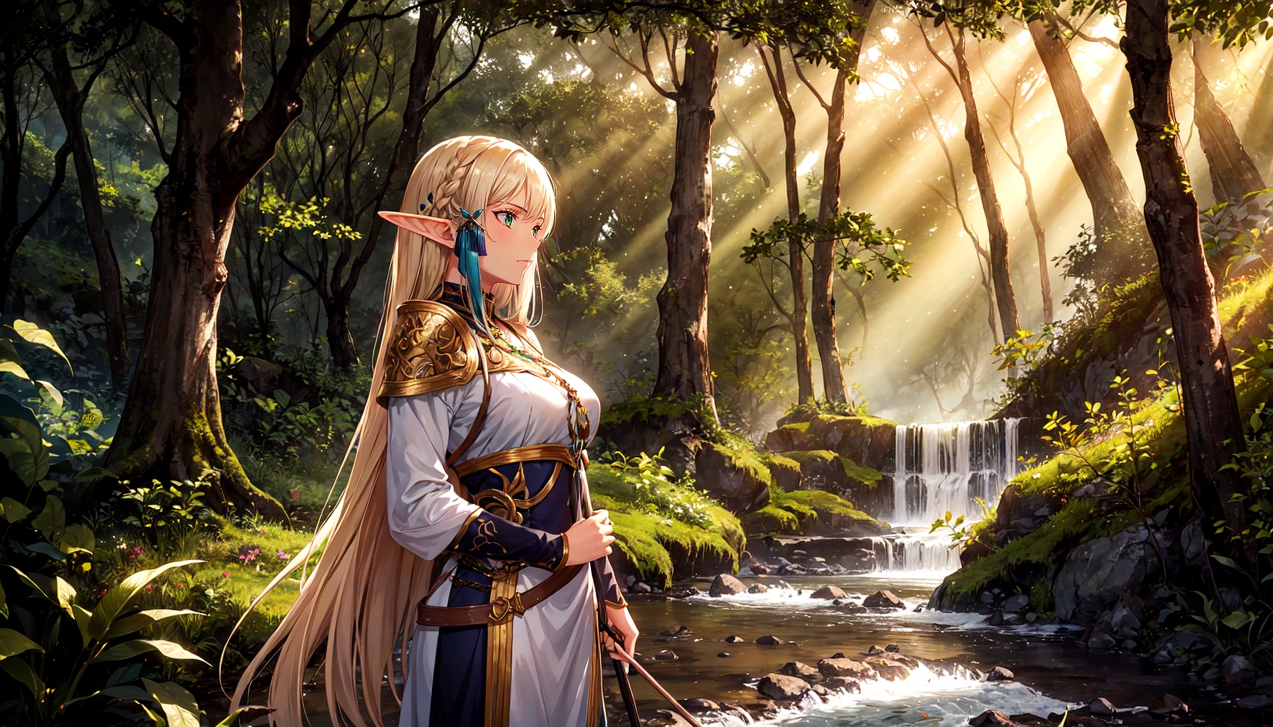 An elven archer stands with elegant precision from side amidst a sun-dappled forest clearing. Her emerald eyes focus inten...